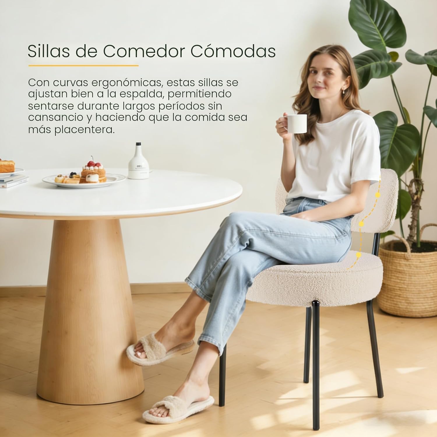 Juego de 4 sillas de comedor, sillas modernas de mediados de siglo, respaldo curvado tapizado, sillas de cocina, sala de estar con patas de metal negro, beige claro