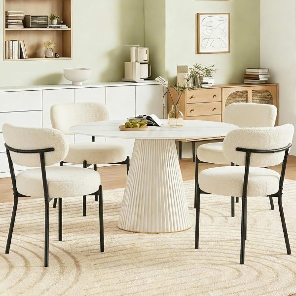 Juego de 4 sillas de comedor, sillas modernas de mediados de siglo, respaldo curvado tapizado, sillas de cocina, sala de estar con patas de metal negro, beige claro
