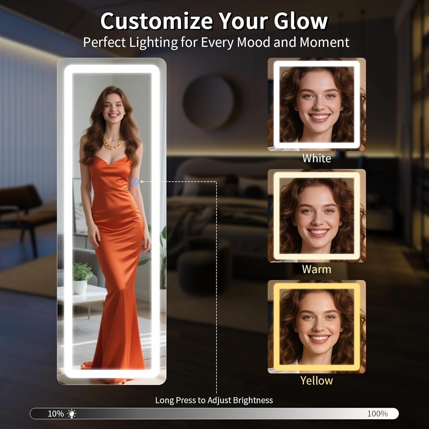 Espejo LED de longitud completa, espejo de longitud completa de 56 x 20 pulgadas con luces, espejos de piso iluminados con soporte, espejos de cuerpo completo con atenuación e iluminación de 3