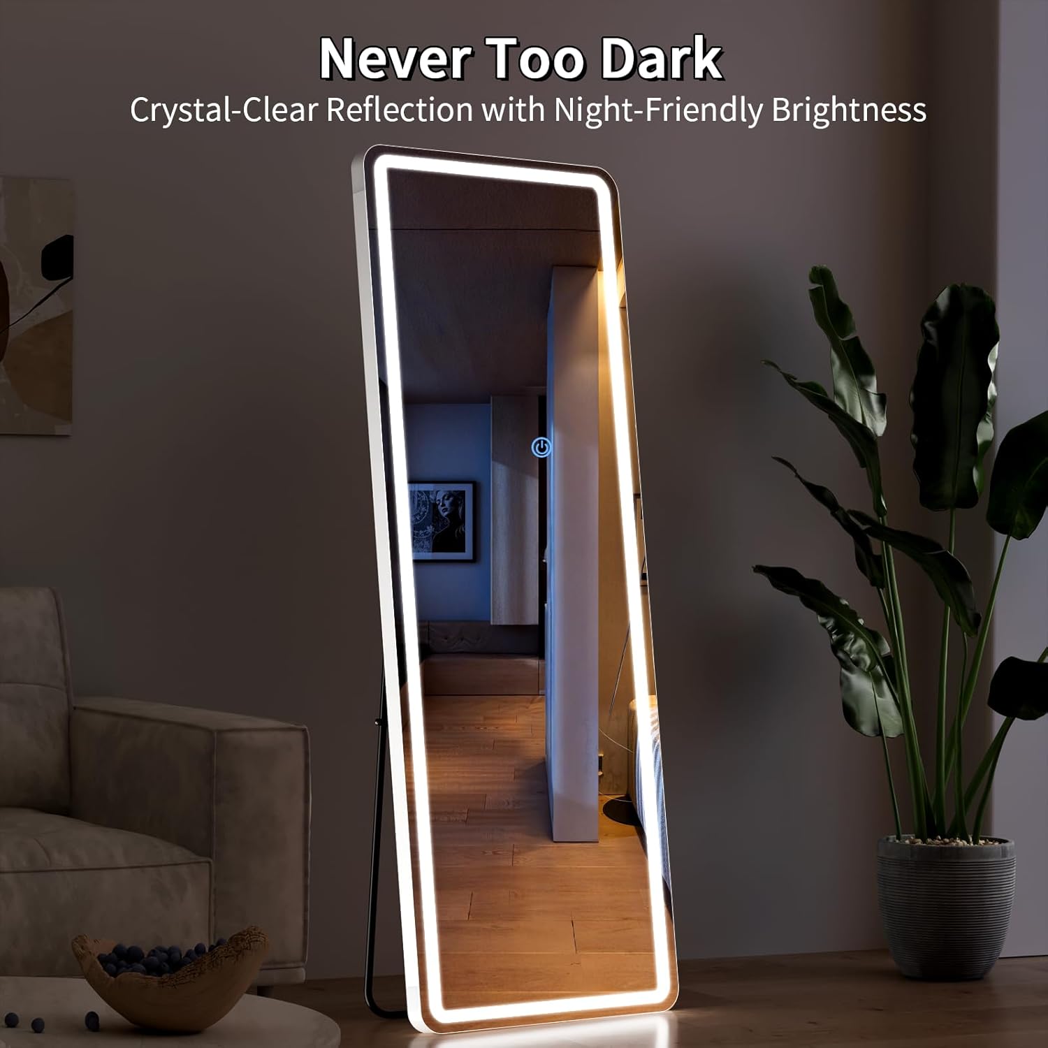 Espejo LED de longitud completa, espejo de longitud completa de 56 x 20 pulgadas con luces, espejos de piso iluminados con soporte, espejos de cuerpo completo con atenuación e iluminación de 3