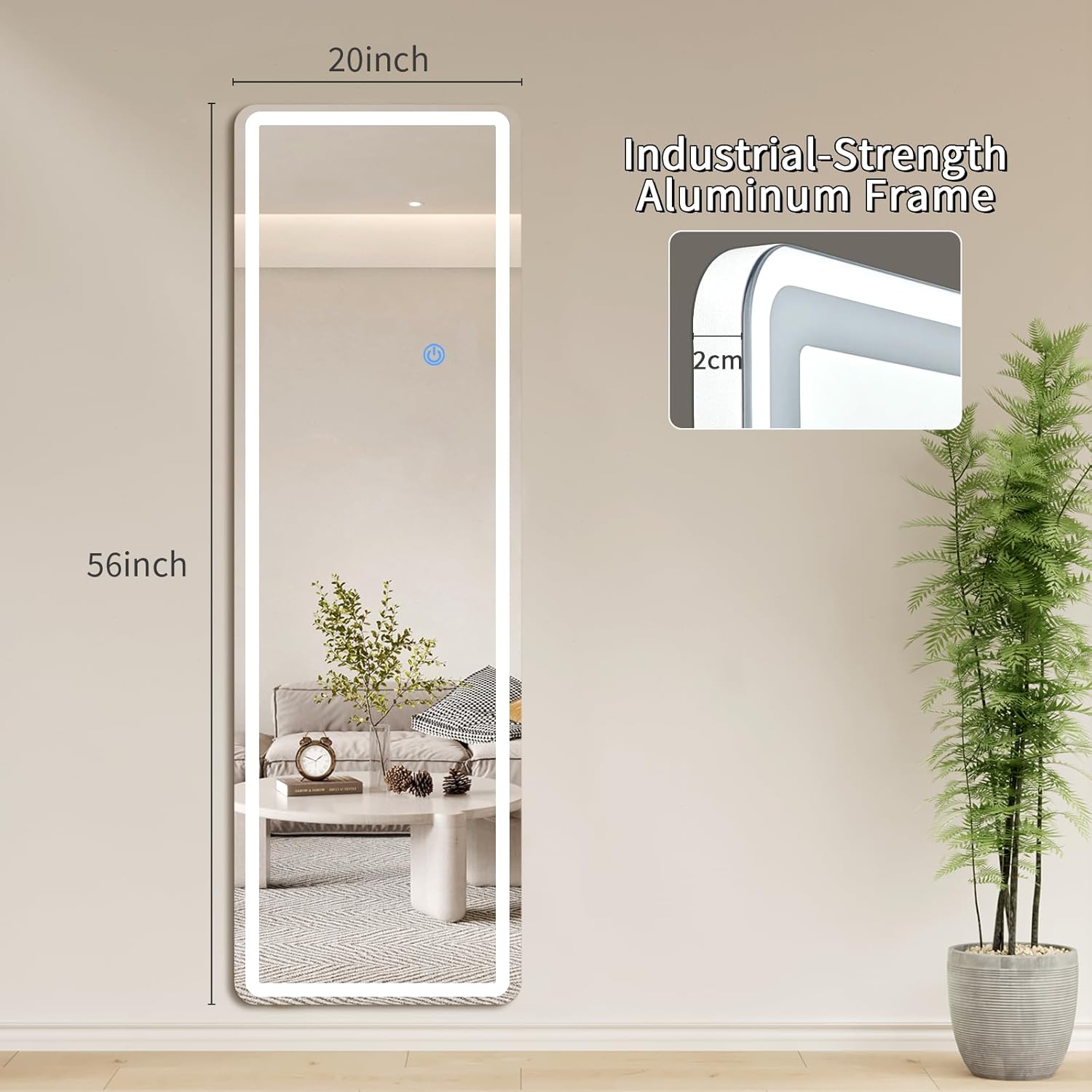 Espejo LED de longitud completa, espejo de longitud completa de 56 x 20 pulgadas con luces, espejos de piso iluminados con soporte, espejos de cuerpo completo con atenuación e iluminación de 3