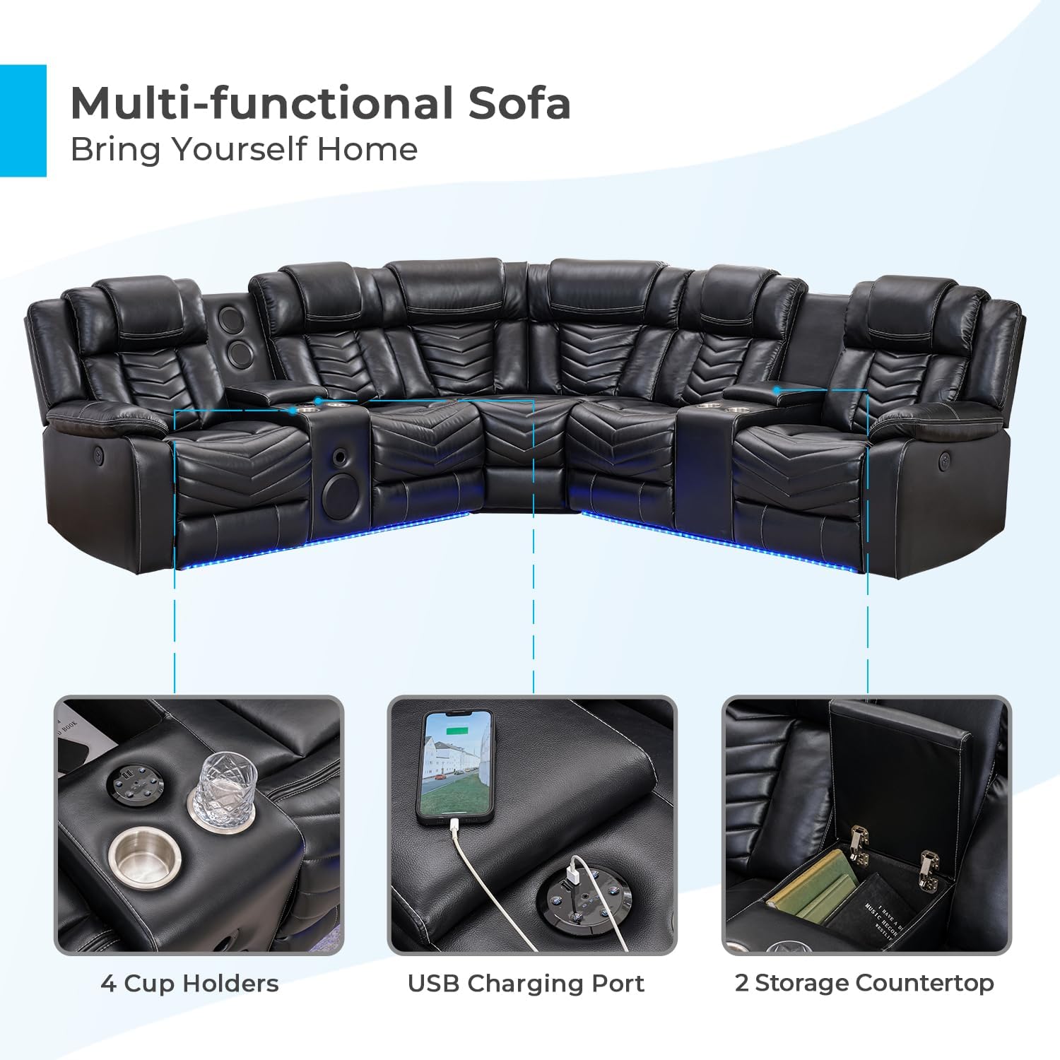 Sofá Seccional Reclinable Eléctrico con Altavoces de Graves para Sala de Estar, Conjuntos de Sofás Seccionales de Esquina Reclinables de Cuero Sintético con Luz LED, Reclinables
