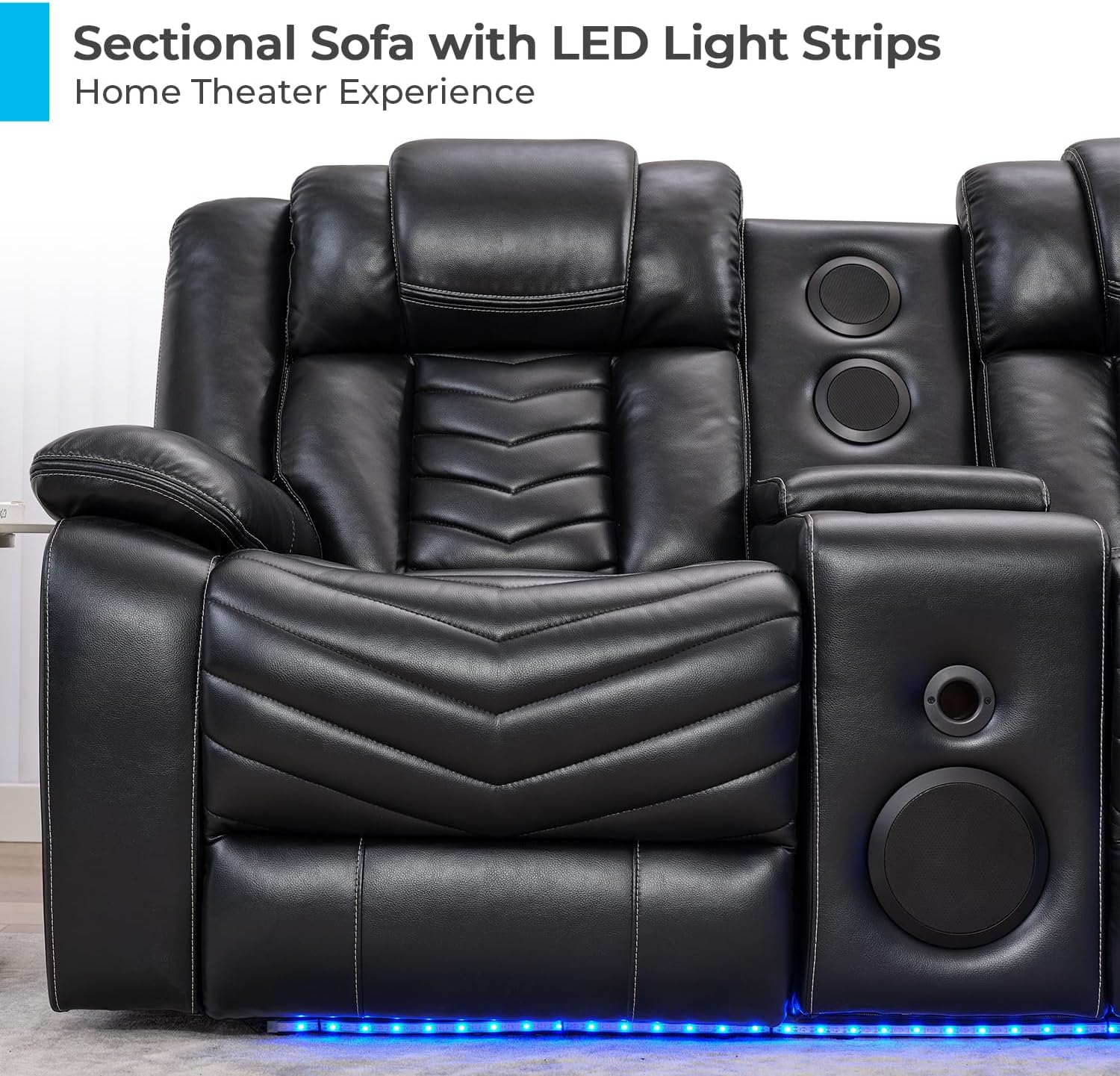 Sofá Seccional Reclinable Eléctrico con Altavoces de Graves para Sala de Estar, Conjuntos de Sofás Seccionales de Esquina Reclinables de Cuero Sintético con Luz LED, Reclinables