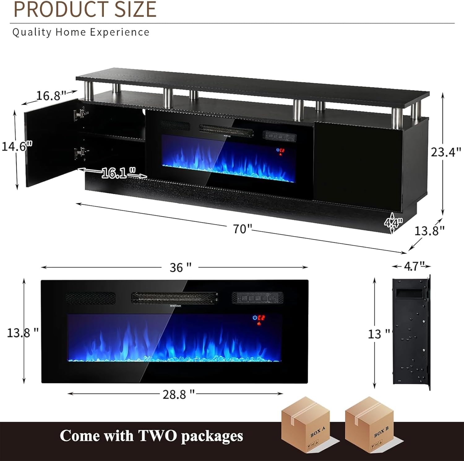 oneinmil Soporte de consola de TV de 2 niveles con chimenea eléctrica de 36 pulgadas, centro de entretenimiento con luz LED para televisores de hasta 80 pulgadas para la sala de estar, 70 pulgadas, negro
