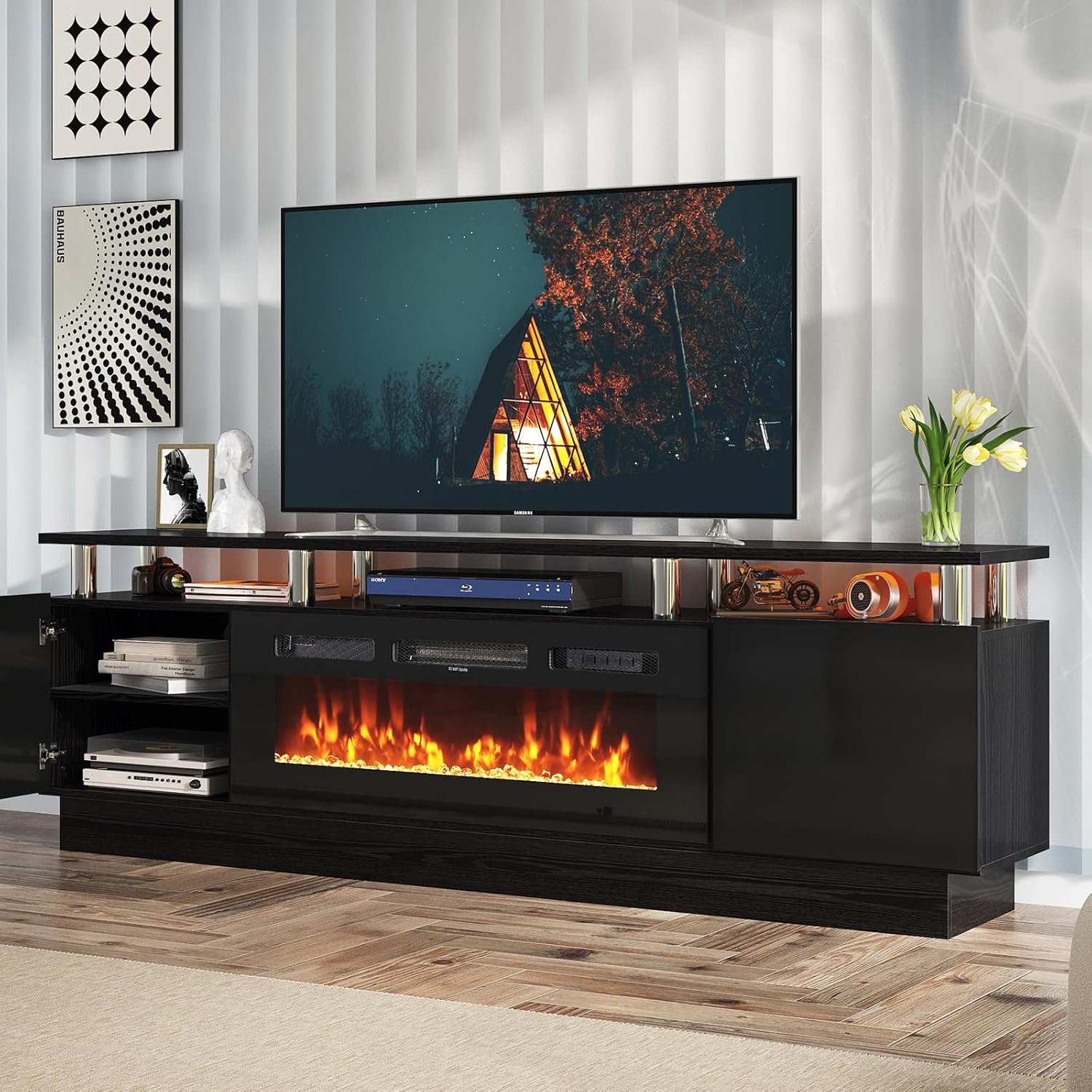 oneinmil Soporte de consola de TV de 2 niveles con chimenea eléctrica de 36 pulgadas, centro de entretenimiento con luz LED para televisores de hasta 80 pulgadas para la sala de estar, 70 pulgadas, negro