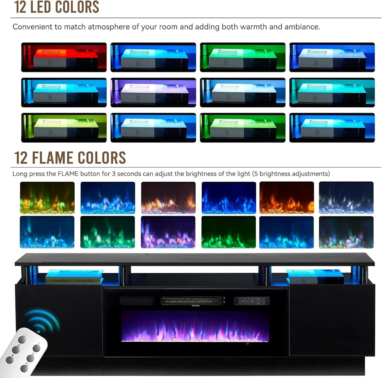 oneinmil Soporte de consola de TV de 2 niveles con chimenea eléctrica de 36 pulgadas, centro de entretenimiento con luz LED para televisores de hasta 80 pulgadas para la sala de estar, 70 pulgadas, negro