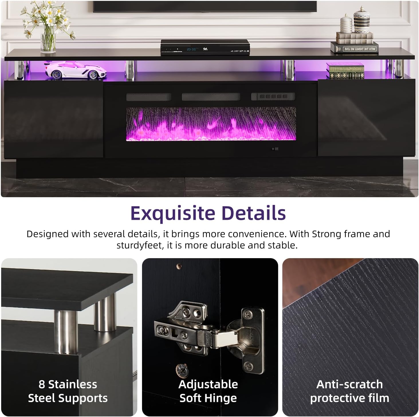 oneinmil Soporte de consola de TV de 2 niveles con chimenea eléctrica de 36 pulgadas, centro de entretenimiento con luz LED para televisores de hasta 80 pulgadas para la sala de estar, 70 pulgadas, negro