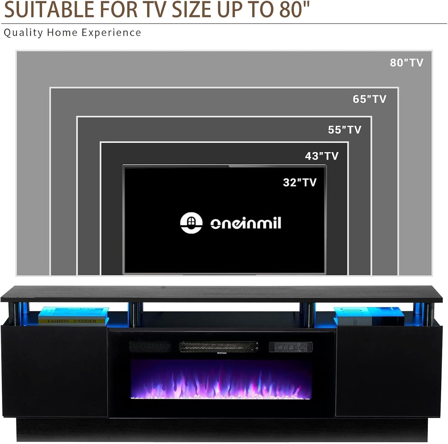oneinmil Soporte de consola de TV de 2 niveles con chimenea eléctrica de 36 pulgadas, centro de entretenimiento con luz LED para televisores de hasta 80 pulgadas para la sala de estar, 70 pulgadas, negro
