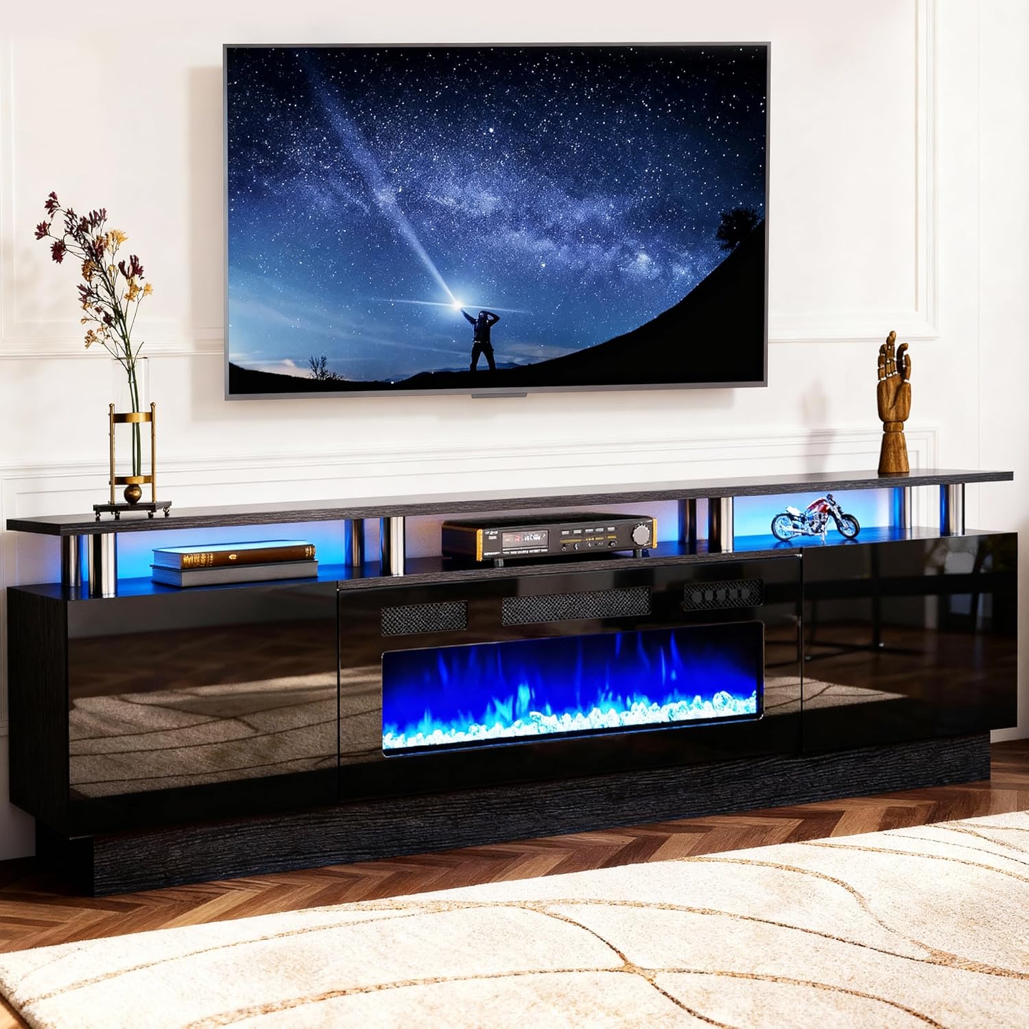 oneinmil Soporte de consola de TV de 2 niveles con chimenea eléctrica de 36 pulgadas, centro de entretenimiento con luz LED para televisores de hasta 80 pulgadas para la sala de estar, 70 pulgadas, negro