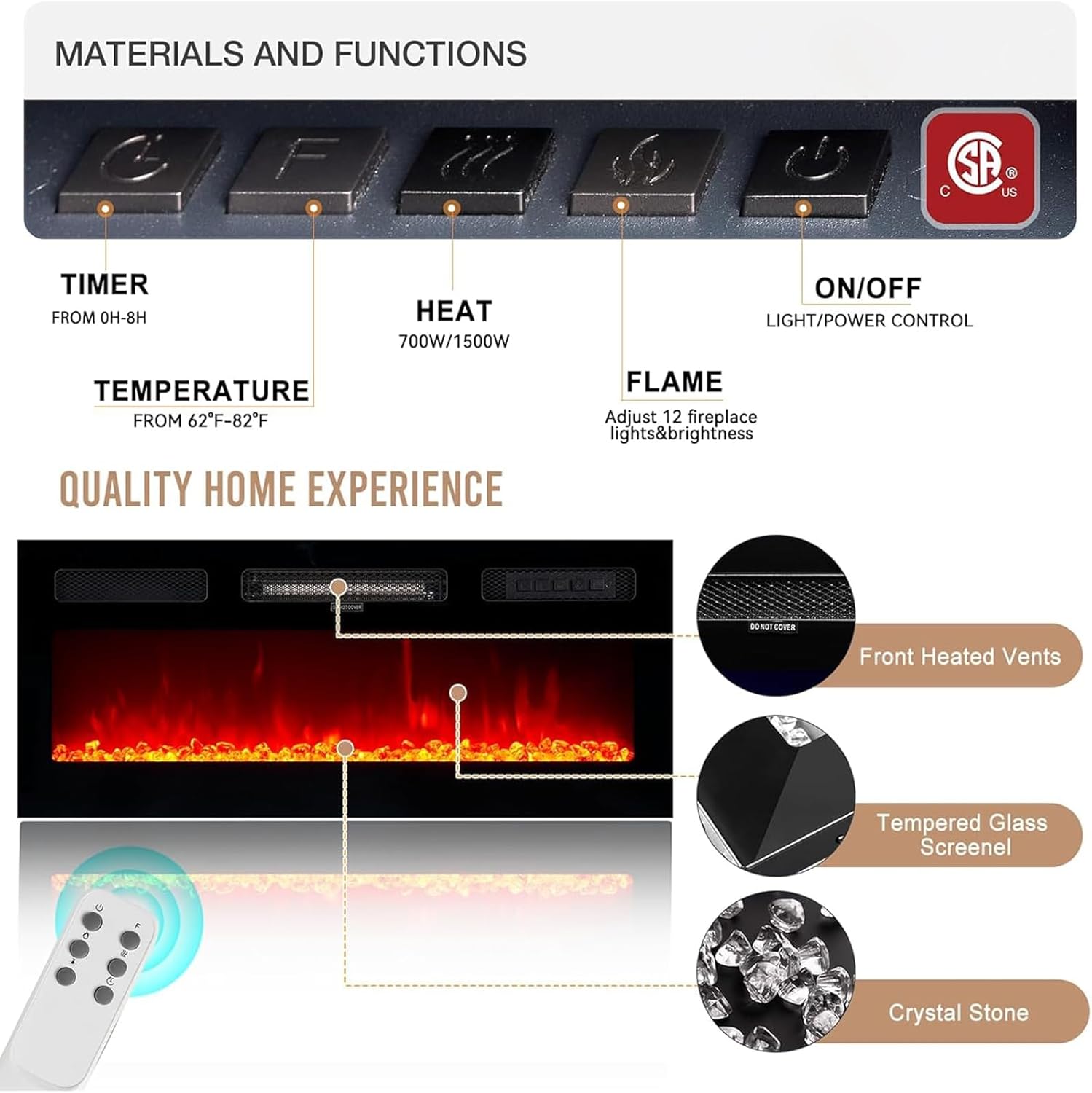 oneinmil Soporte de consola de TV de 2 niveles con chimenea eléctrica de 36 pulgadas, centro de entretenimiento con luz LED para televisores de hasta 80 pulgadas para la sala de estar, 70 pulgadas, negro