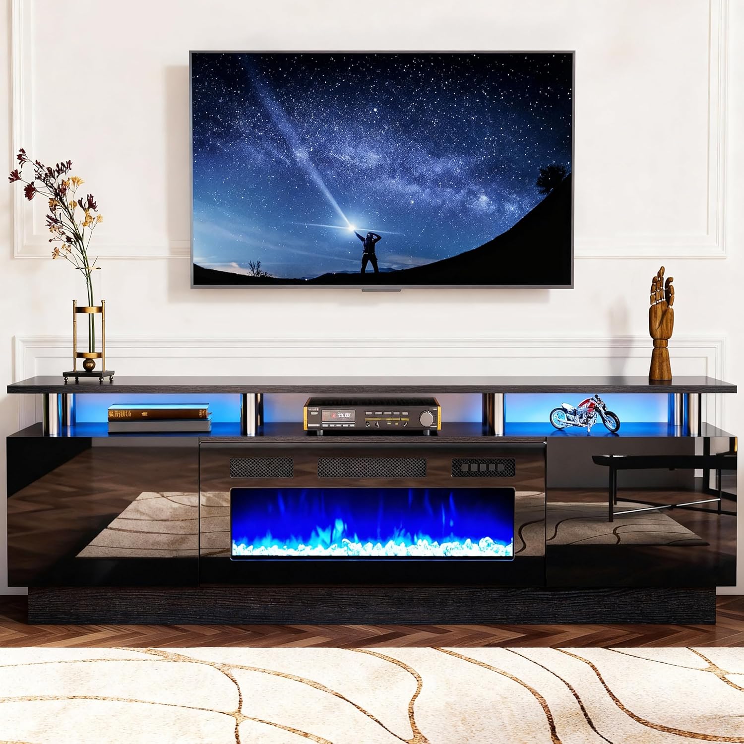 oneinmil Soporte de consola de TV de 2 niveles con chimenea eléctrica de 36 pulgadas, centro de entretenimiento con luz LED para televisores de hasta 80 pulgadas para la sala de estar, 70 pulgadas, negro