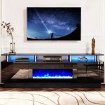 Soporte de consola de TV de 2 niveles con chimenea eléctrica de 36 pulgadas, centro de entretenimiento con luz LED para televisores de hasta 80 pulgadas para la sala de estar, 70 pulgadas, negro