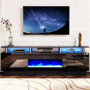 Soporte de consola de TV de 2 niveles con chimenea eléctrica de 36 pulgadas, centro de entretenimiento con luz LED para televisores de hasta 80 pulgadas para la sala de estar, 70 pulgadas, negro