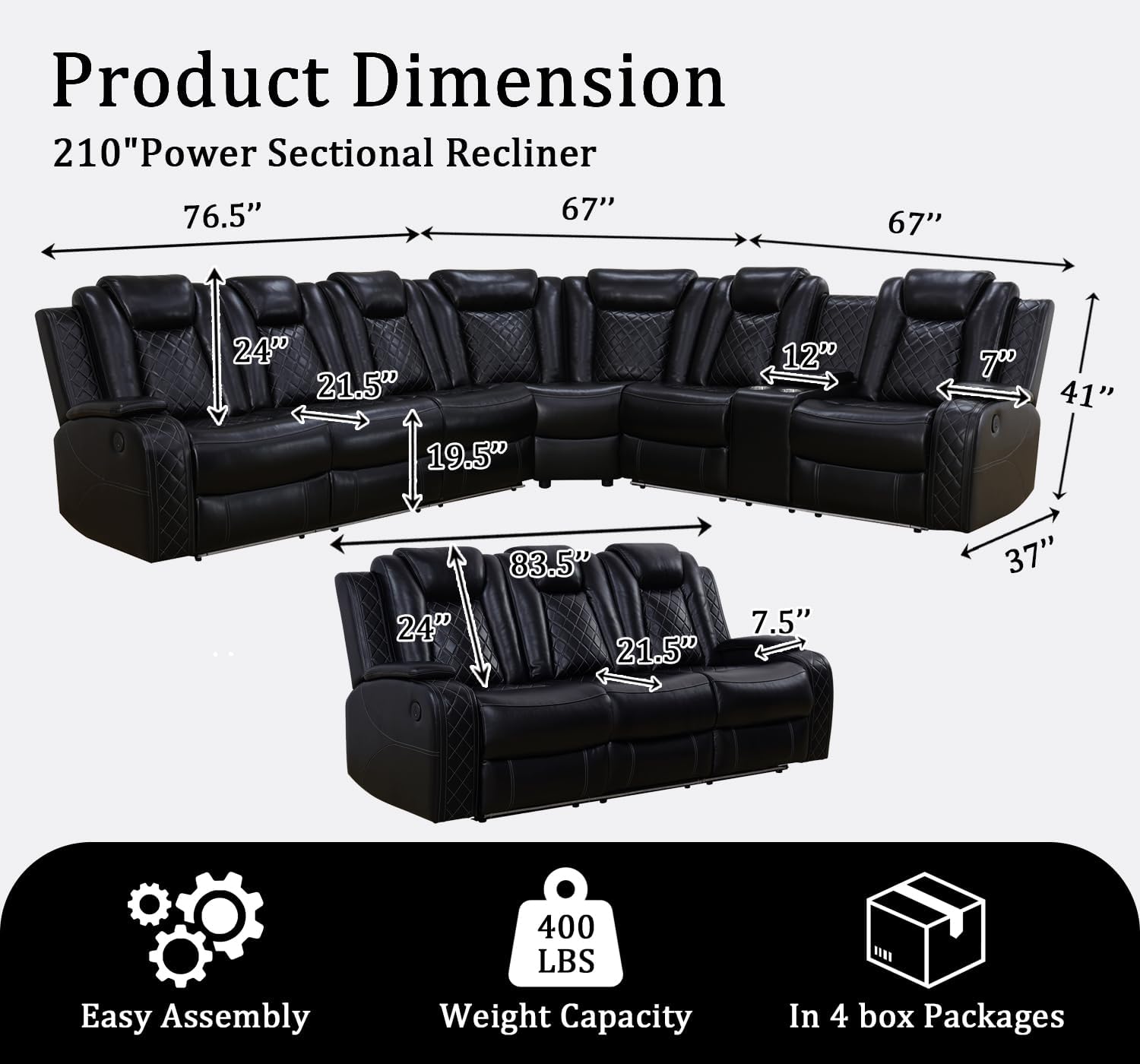 Juego de sofá seccional reclinable eléctrico de cuero con luces LED, sofá seccional reclinable en forma de L y sofá de 3 asientos, sofá de cuero con mesa de café/almacenamiento para sala de