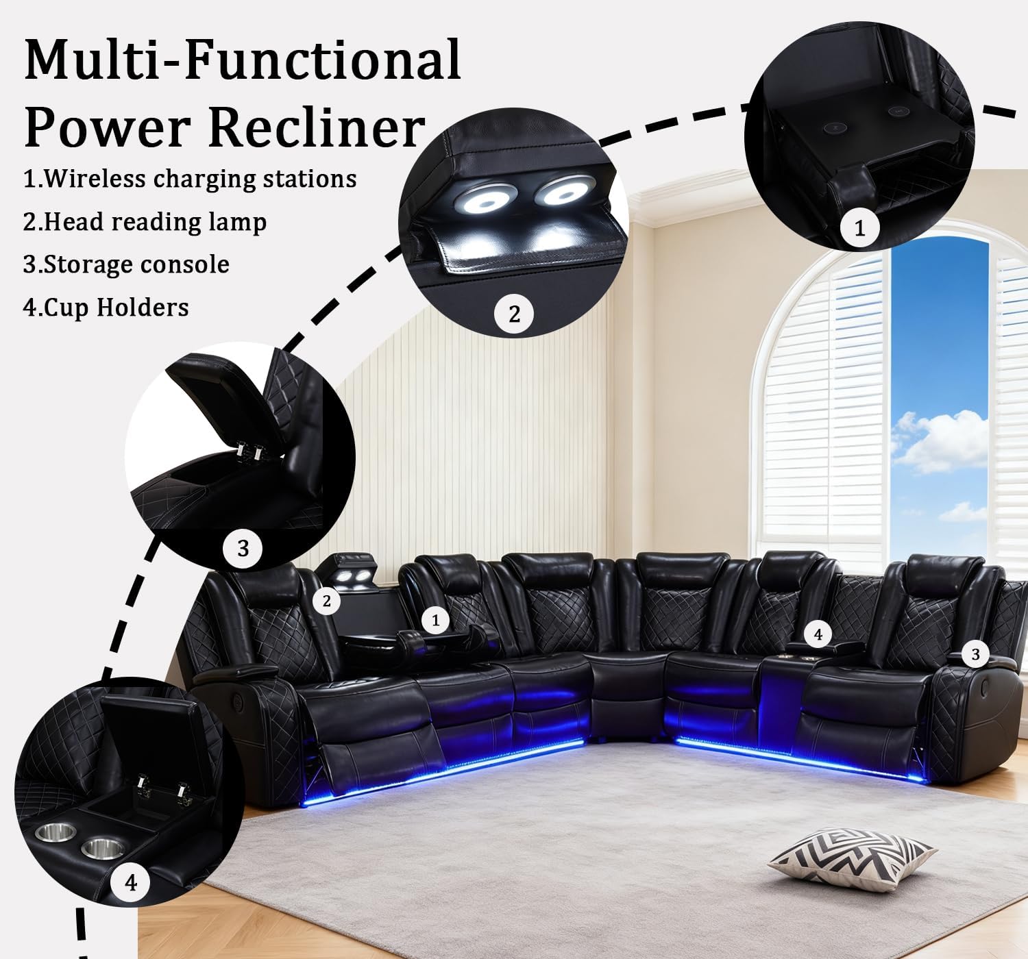 Juego de sofá seccional reclinable eléctrico de cuero con luces LED, sofá seccional reclinable en forma de L y sofá de 3 asientos, sofá de cuero con mesa de café/almacenamiento para sala de