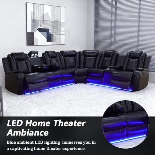 Juego de sofá seccional reclinable eléctrico de cuero con luces LED, sofá seccional reclinable en forma de L y sofá de 3 asientos, sofá de cuero con mesa de café/almacenamiento para sala de