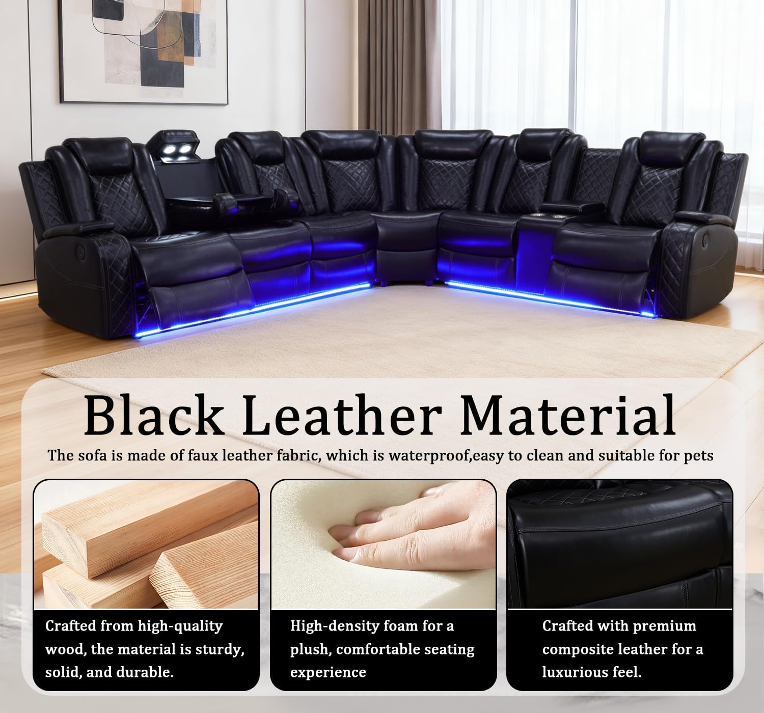 Juego de sofá seccional reclinable eléctrico de cuero con luces LED, sofá seccional reclinable en forma de L y sofá de 3 asientos, sofá de cuero con mesa de café/almacenamiento para sala de