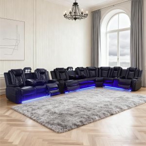 Juego de sofá seccional reclinable eléctrico de cuero con luces LED, sofá seccional reclinable en forma de L y sofá de 3 asientos, sofá de cuero con mesa de café/almacenamiento para sala de