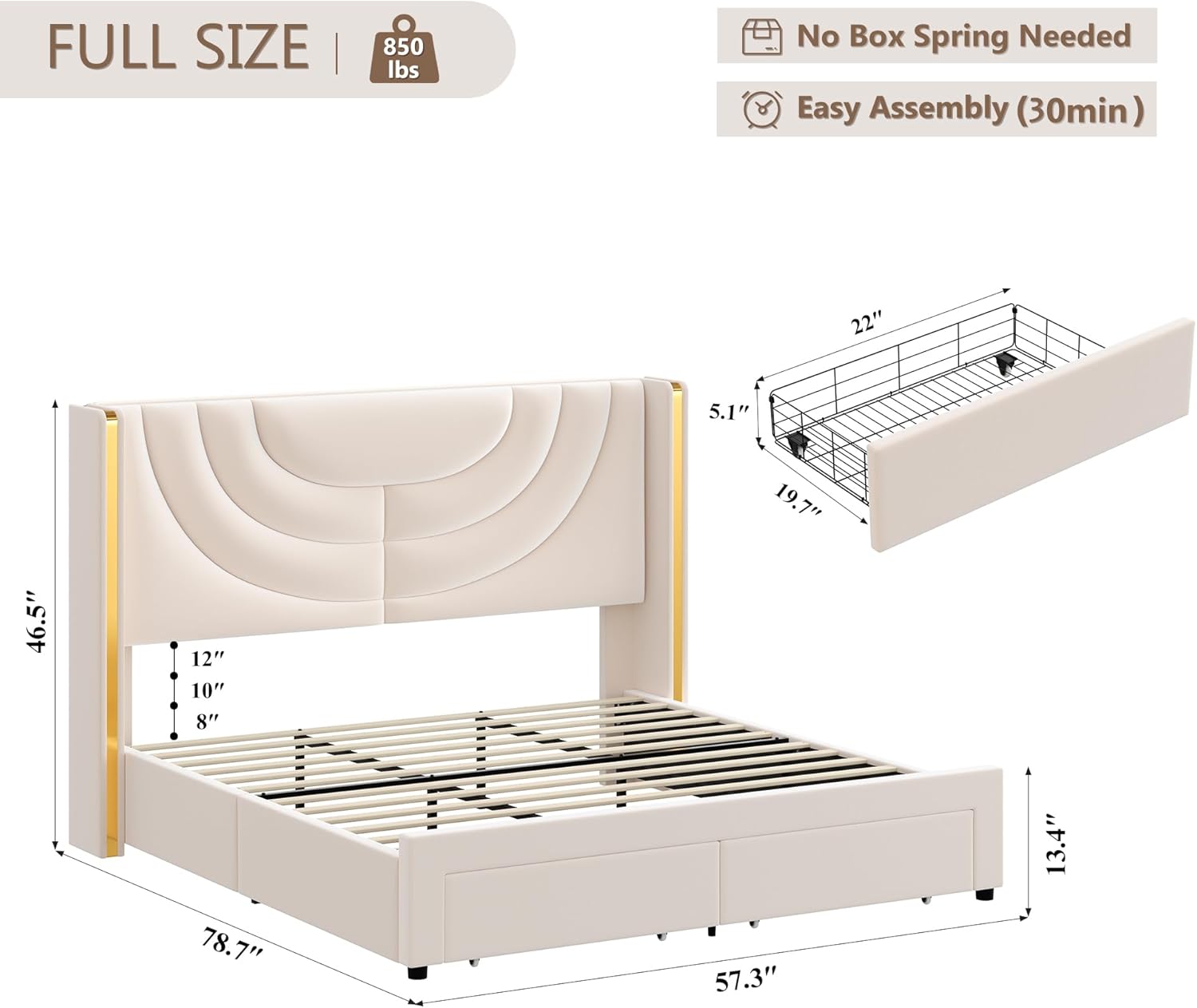HITHOS - Base de cama LED tapizada con 2 cajones de almacenamiento, cama de plataforma de terciopelo con cabecera con alas laterales, listones de madera maciza, diseño de empalme, matrimonial, beige