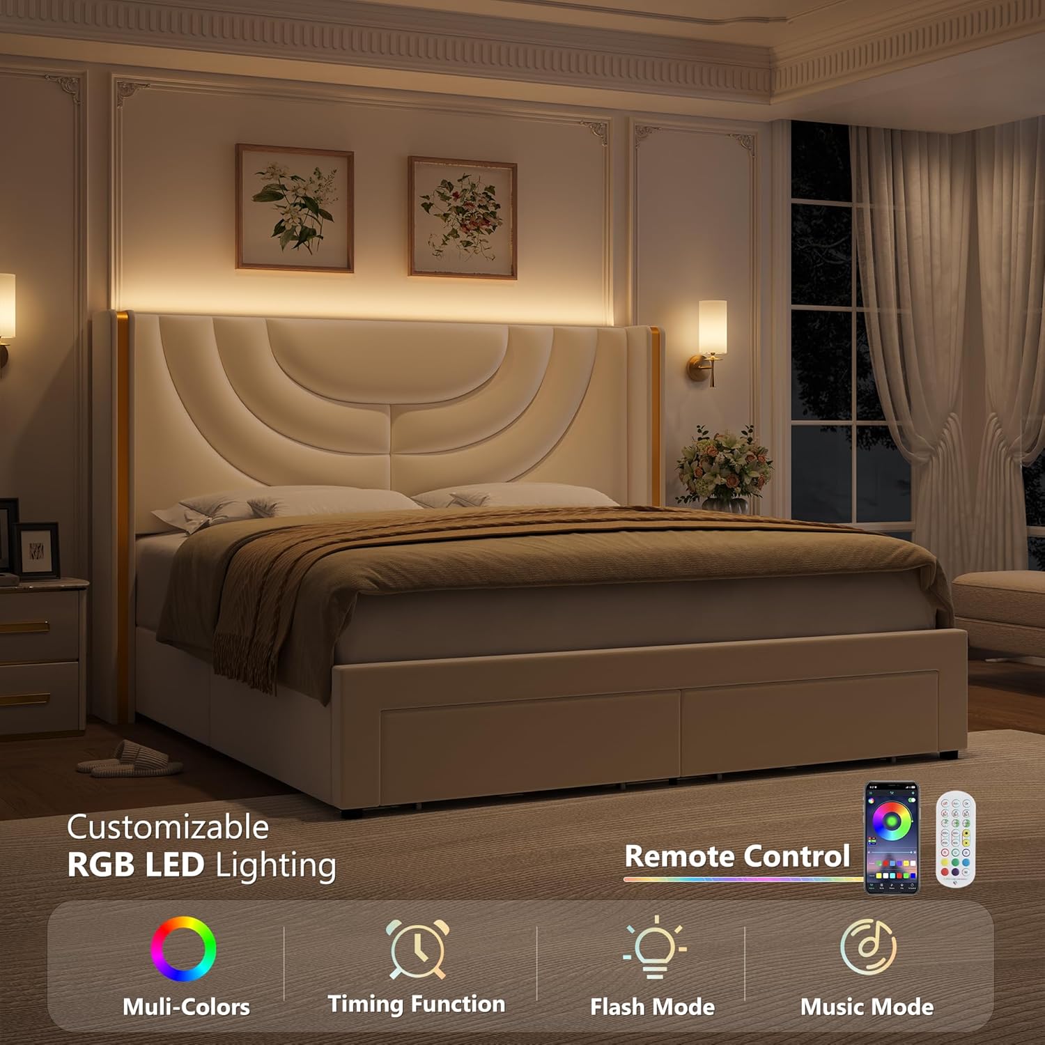 HITHOS - Base de cama LED tapizada con 2 cajones de almacenamiento, cama de plataforma de terciopelo con cabecera con alas laterales, listones de madera maciza, diseño de empalme, matrimonial, beige