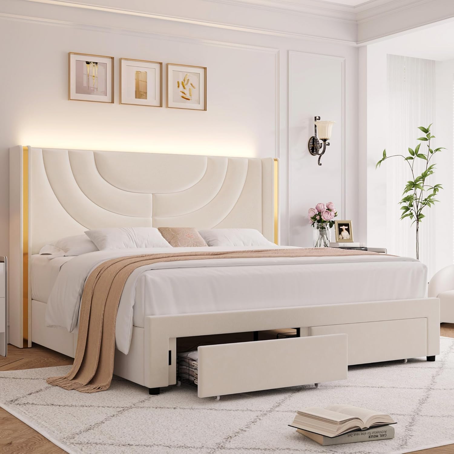 HITHOS - Base de cama LED tapizada con 2 cajones de almacenamiento, cama de plataforma de terciopelo con cabecera con alas laterales, listones de madera maciza, diseño de empalme, matrimonial, beige