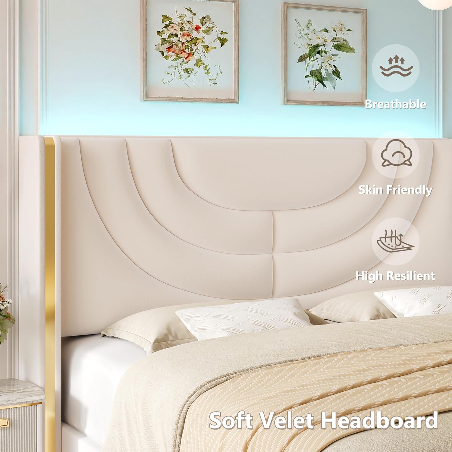 HITHOS - Base de cama LED tapizada con 2 cajones de almacenamiento, cama de plataforma de terciopelo con cabecera con alas laterales, listones de madera maciza, diseño de empalme, matrimonial, beige