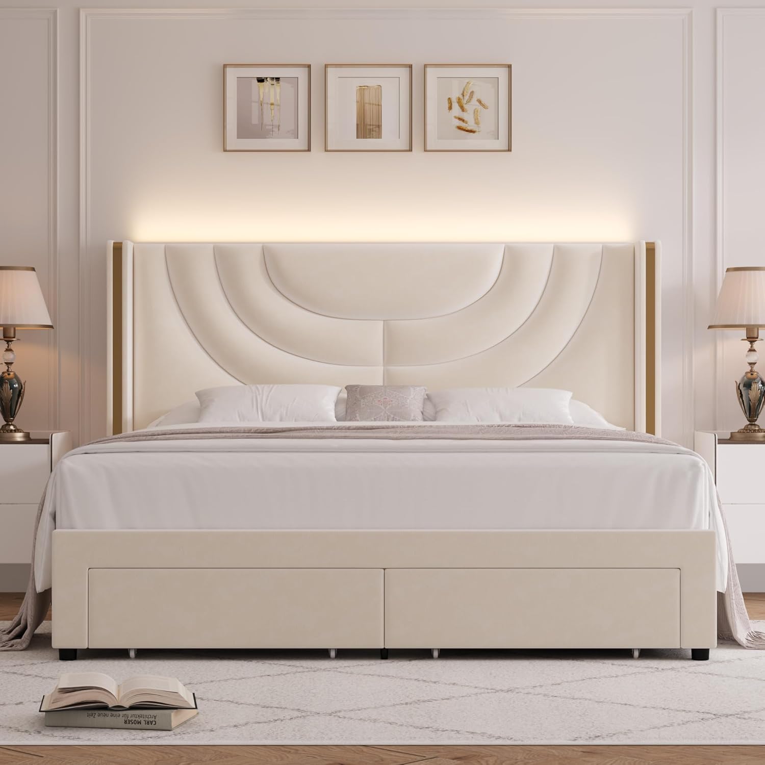 HITHOS - Base de cama LED tapizada con 2 cajones de almacenamiento, cama de plataforma de terciopelo con cabecera con alas laterales, listones de madera maciza, diseño de empalme, matrimonial, beige