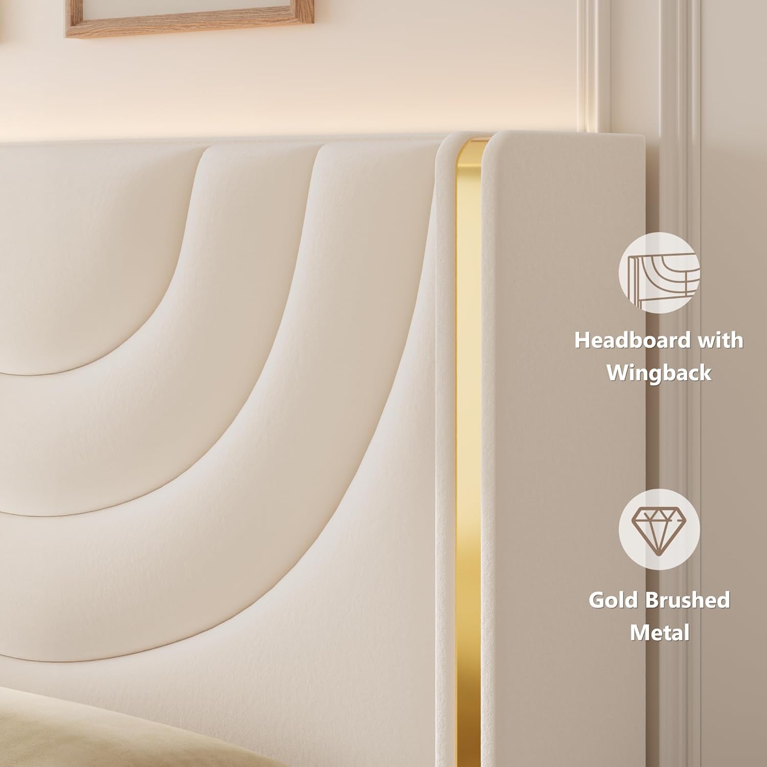 HITHOS - Base de cama LED tapizada con 2 cajones de almacenamiento, cama de plataforma de terciopelo con cabecera con alas laterales, listones de madera maciza, diseño de empalme, matrimonial, beige