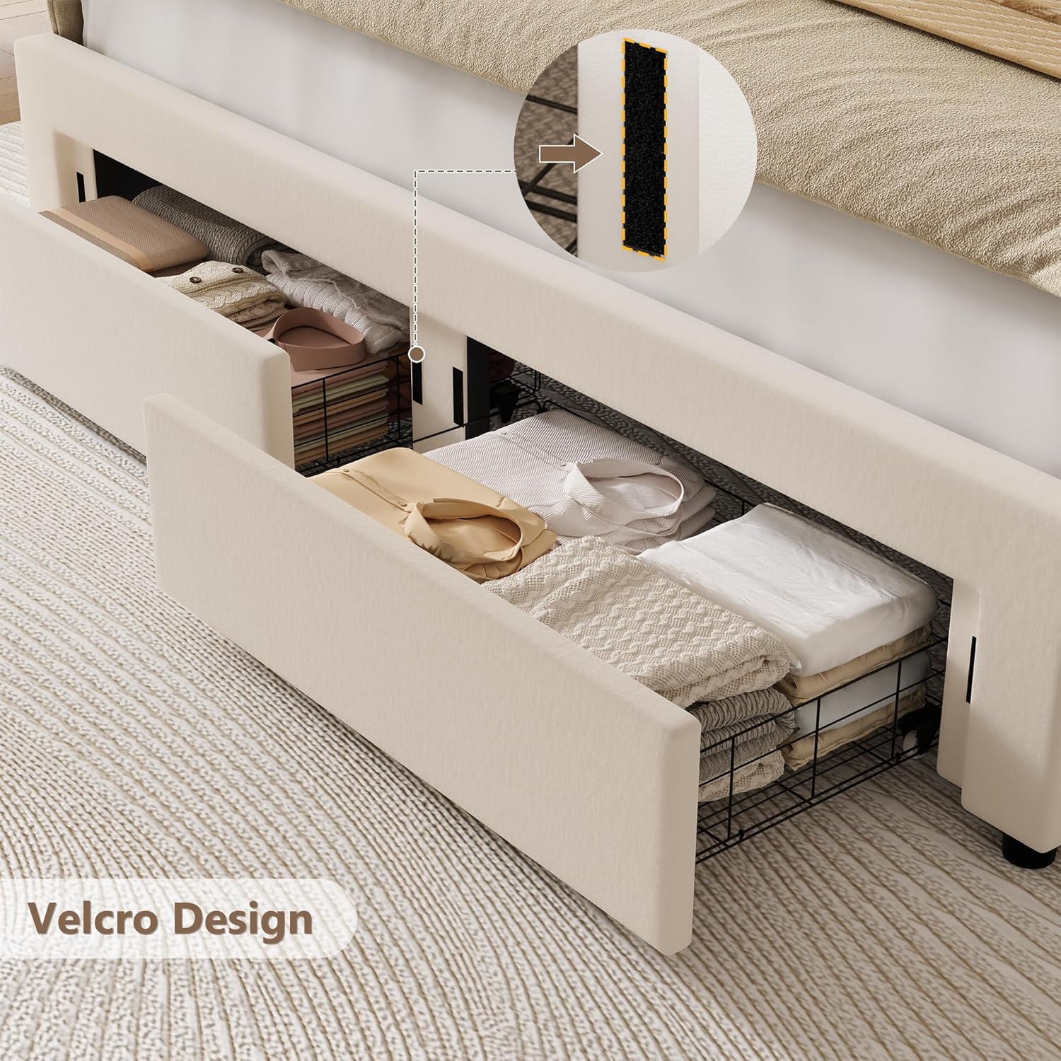 HITHOS - Base de cama LED tapizada con 2 cajones de almacenamiento, cama de plataforma de terciopelo con cabecera con alas laterales, listones de madera maciza, diseño de empalme, matrimonial, beige