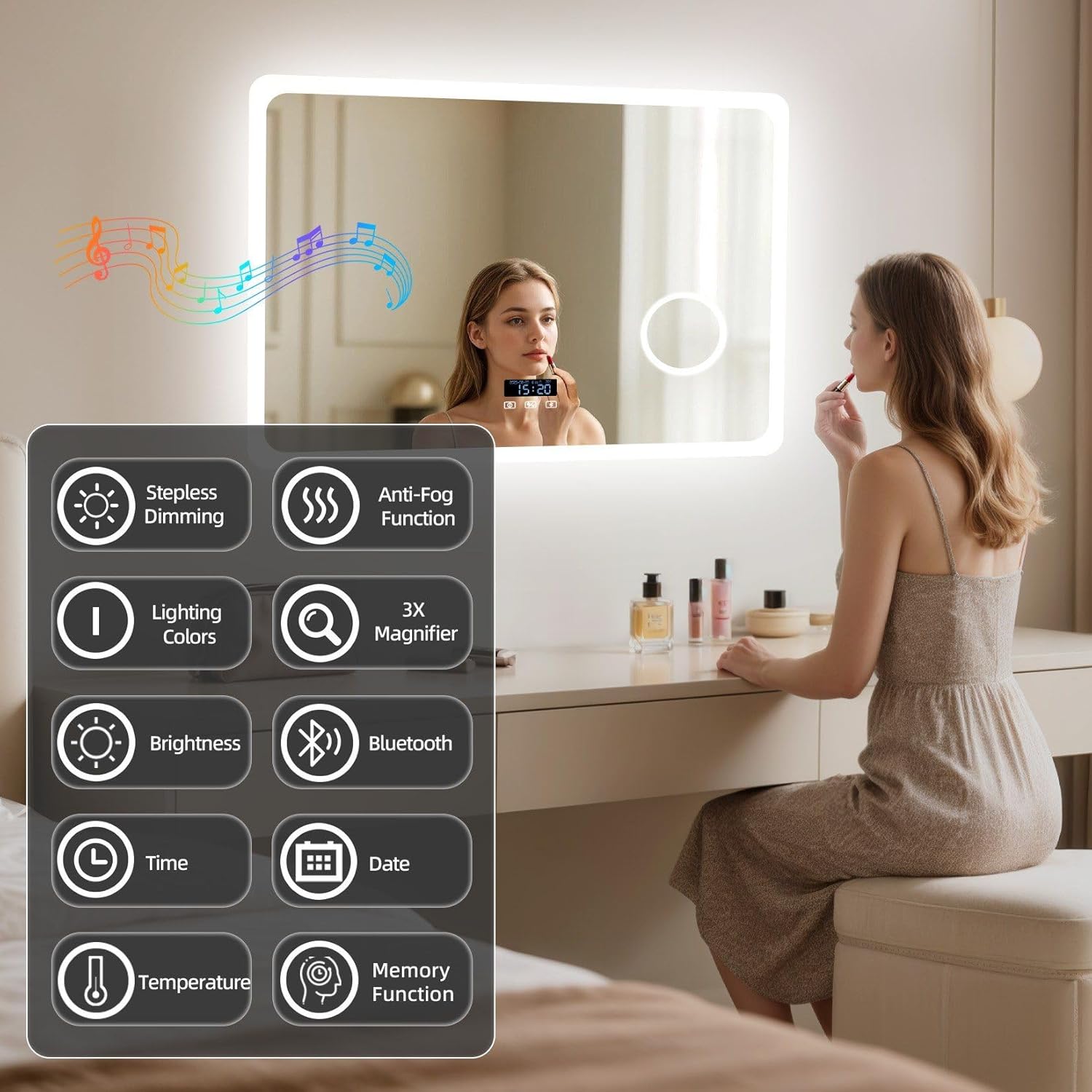 LUVODI Espejo de baño LED rectangular: tocador de maquillaje iluminado de 32 x 24 pulgadas con altavoz Bluetooth, visualización de tiempo, lupa, antivaho, función de memoria, temperatura de 3 colores
