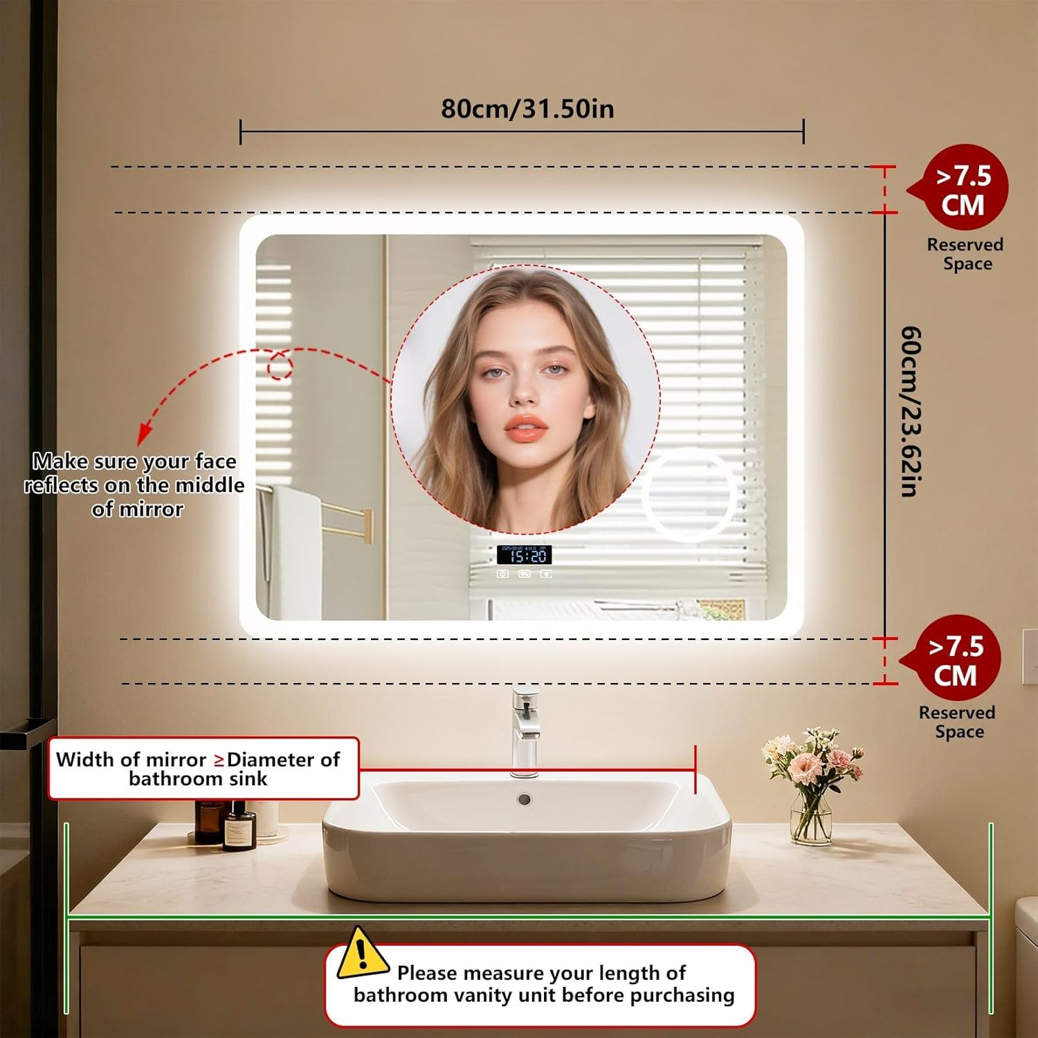 LUVODI Espejo de baño LED rectangular: tocador de maquillaje iluminado de 32 x 24 pulgadas con altavoz Bluetooth, visualización de tiempo, lupa, antivaho, función de memoria, temperatura de 3 colores