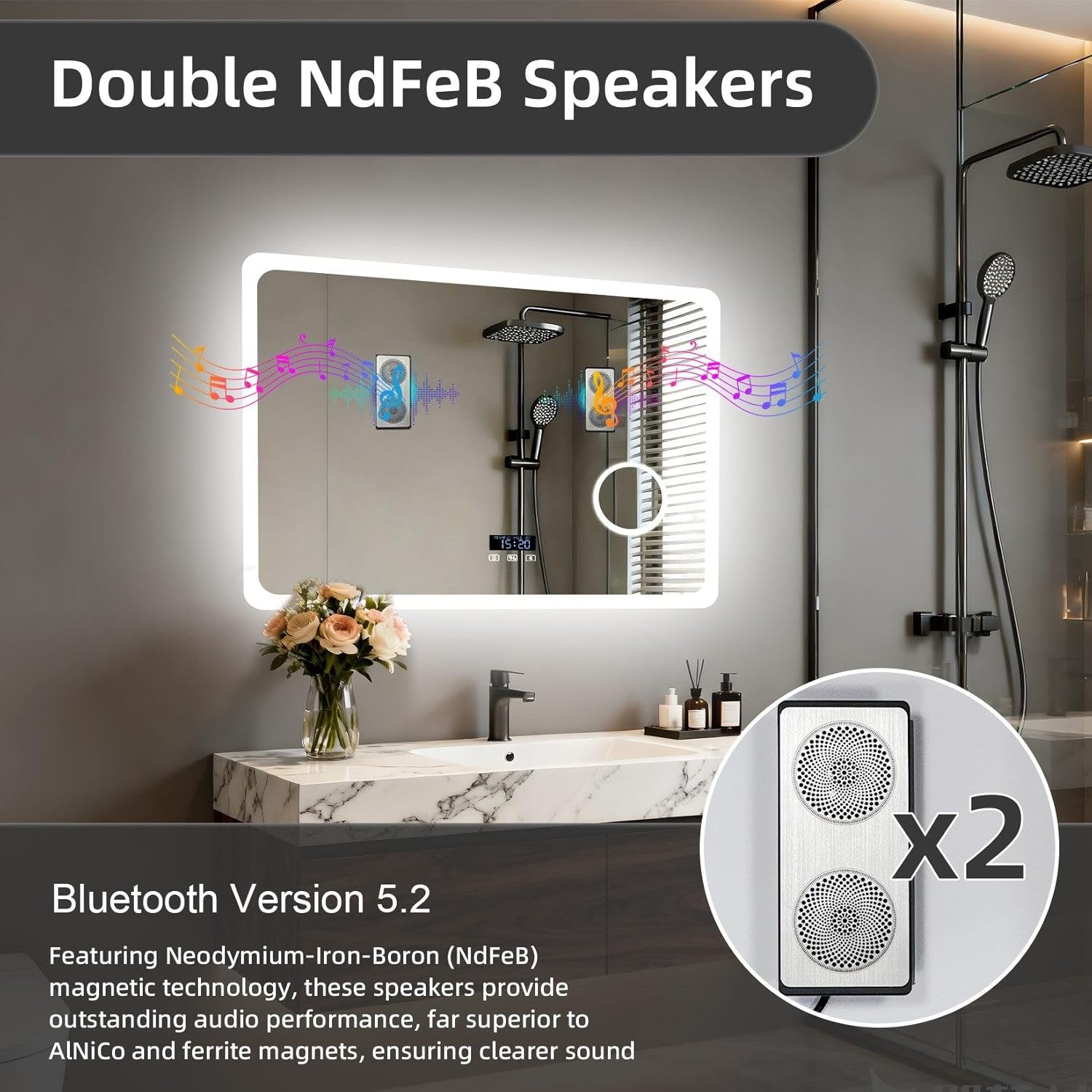 LUVODI Espejo de baño LED rectangular: tocador de maquillaje iluminado de 32 x 24 pulgadas con altavoz Bluetooth, visualización de tiempo, lupa, antivaho, función de memoria, temperatura de 3 colores