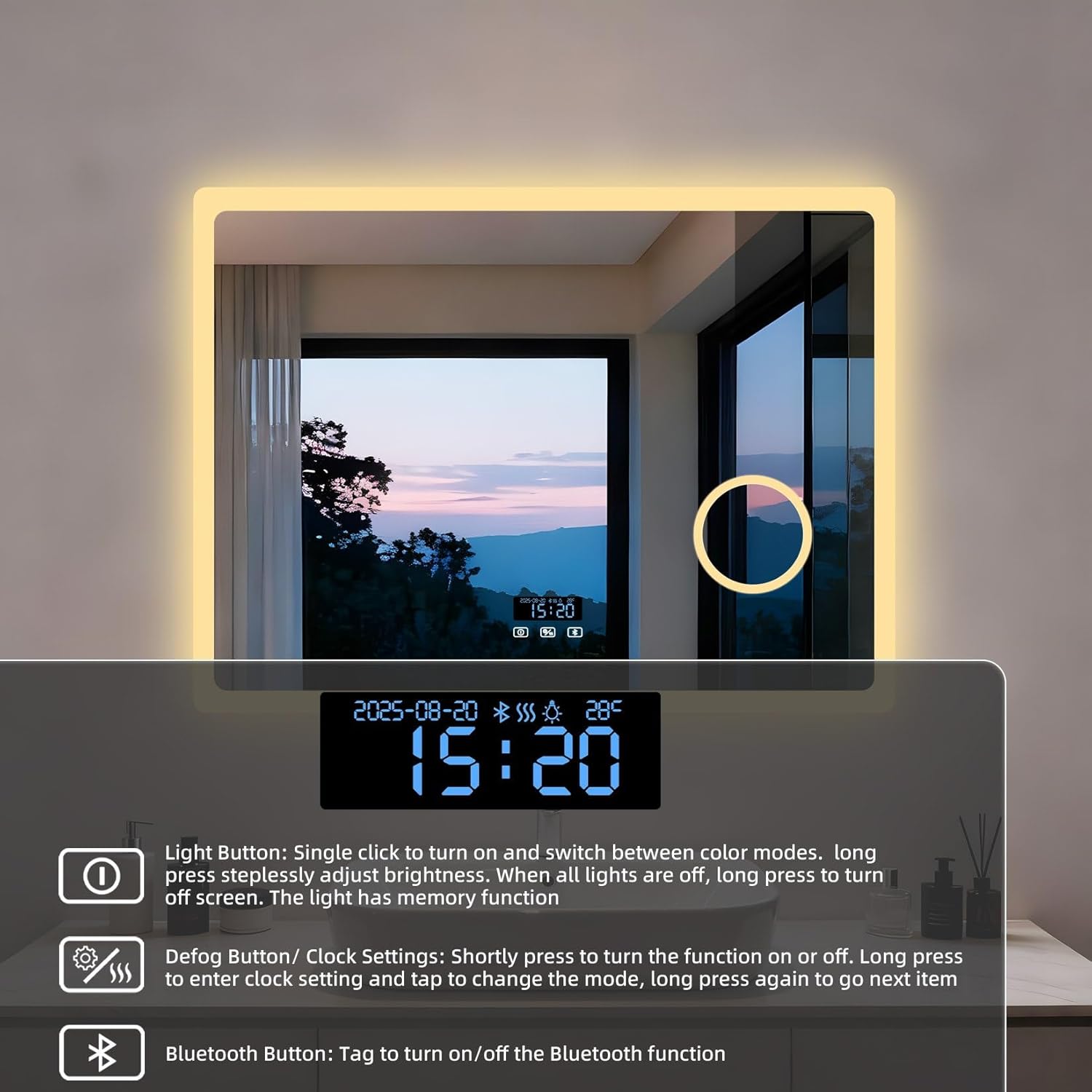 LUVODI Espejo de baño LED rectangular: tocador de maquillaje iluminado de 32 x 24 pulgadas con altavoz Bluetooth, visualización de tiempo, lupa, antivaho, función de memoria, temperatura de 3 colores