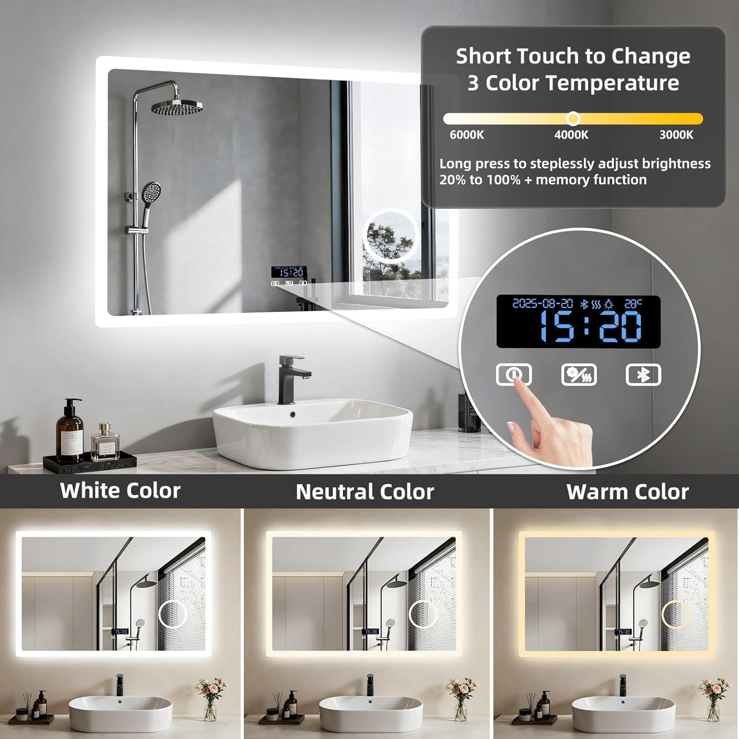 LUVODI Espejo de baño LED rectangular: tocador de maquillaje iluminado de 32 x 24 pulgadas con altavoz Bluetooth, visualización de tiempo, lupa, antivaho, función de memoria, temperatura de 3 colores