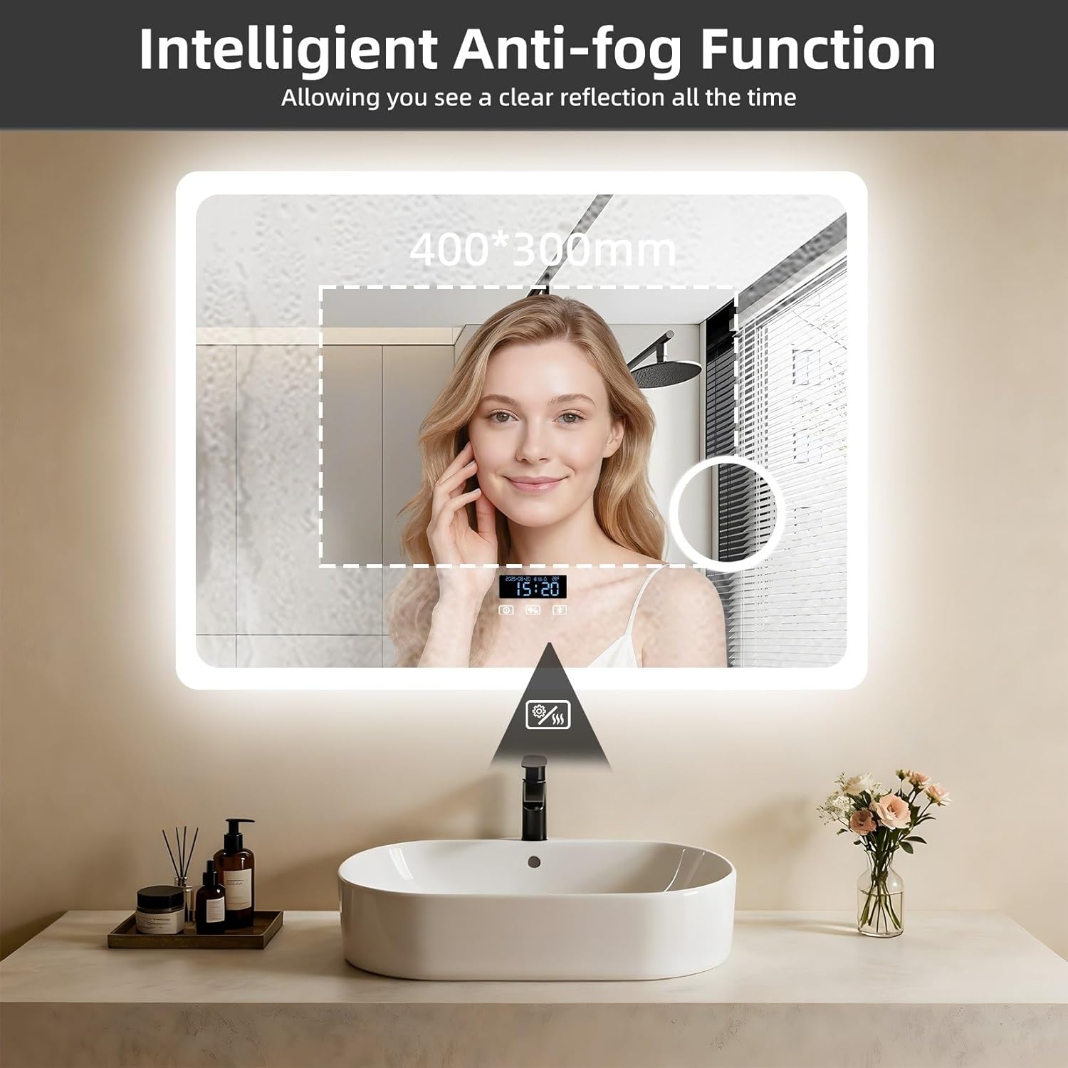 LUVODI Espejo de baño LED rectangular: tocador de maquillaje iluminado de 32 x 24 pulgadas con altavoz Bluetooth, visualización de tiempo, lupa, antivaho, función de memoria, temperatura de 3 colores