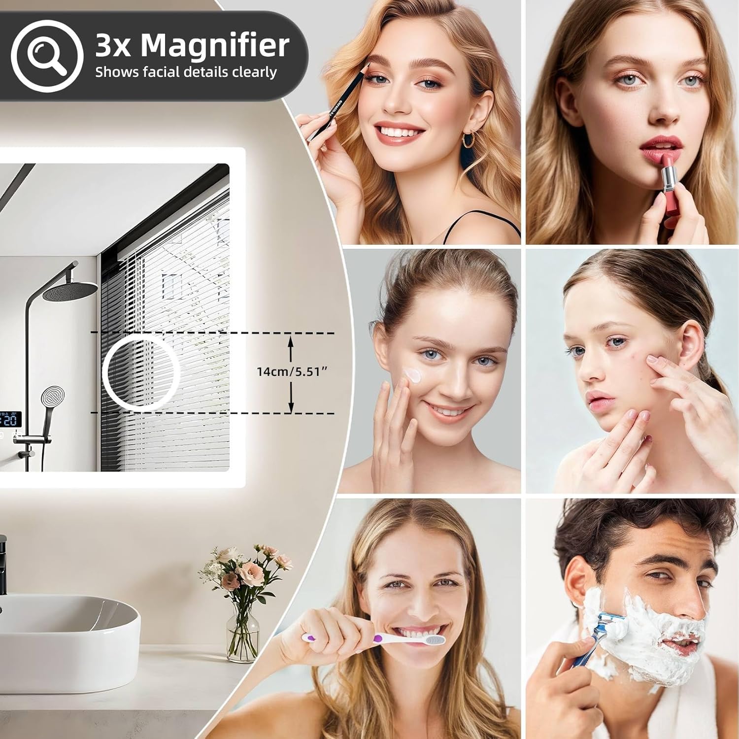 LUVODI Espejo de baño LED rectangular: tocador de maquillaje iluminado de 32 x 24 pulgadas con altavoz Bluetooth, visualización de tiempo, lupa, antivaho, función de memoria, temperatura de 3 colores