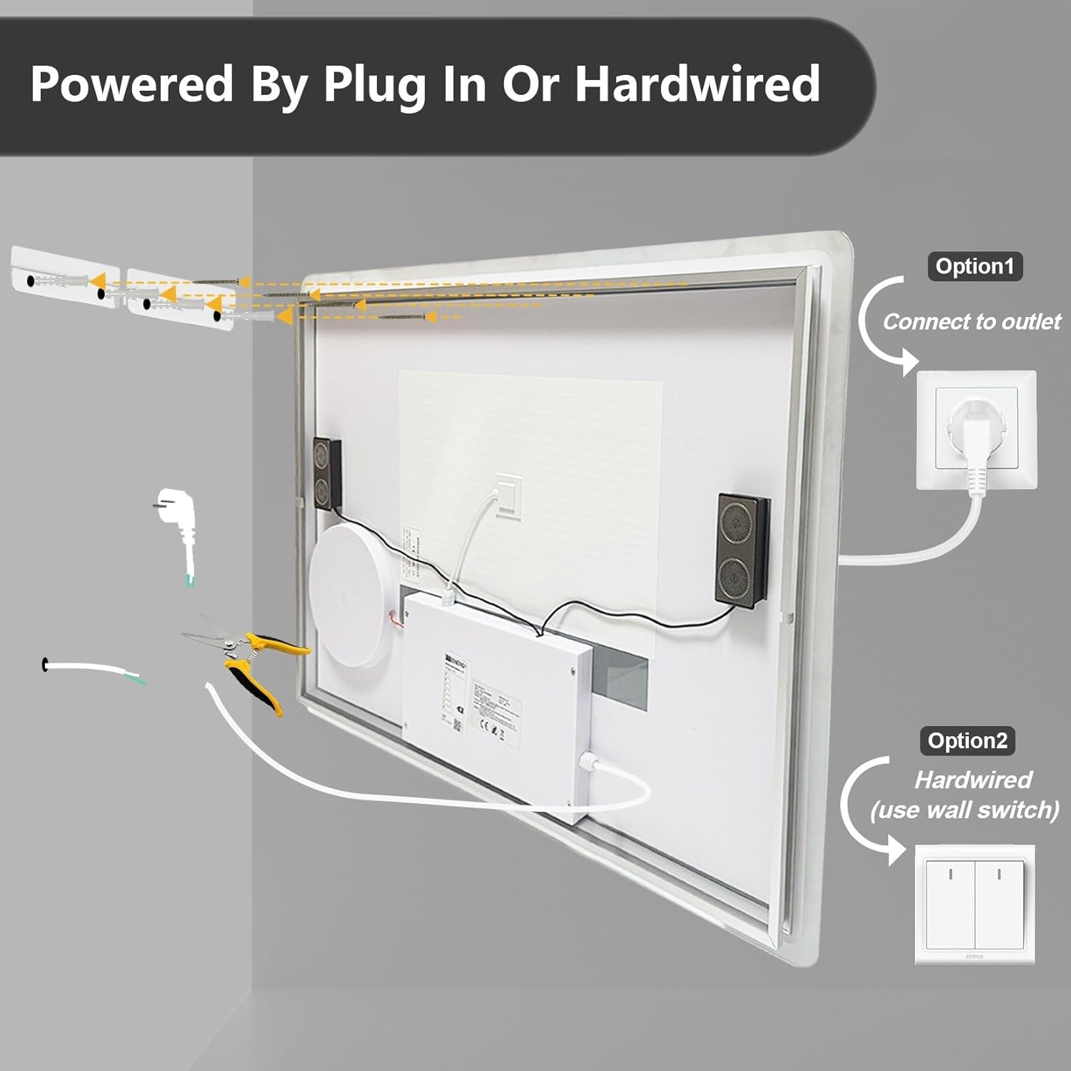 LUVODI Espejo de baño LED rectangular: tocador de maquillaje iluminado de 32 x 24 pulgadas con altavoz Bluetooth, visualización de tiempo, lupa, antivaho, función de memoria, temperatura de 3 colores
