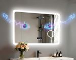 LUVODI Espejo de baño LED rectangular: tocador de maquillaje iluminado de 32 x 24 pulgadas con altavoz Bluetooth, visualización de tiempo, lupa, antivaho, función de memoria, temperatura de 3 colores