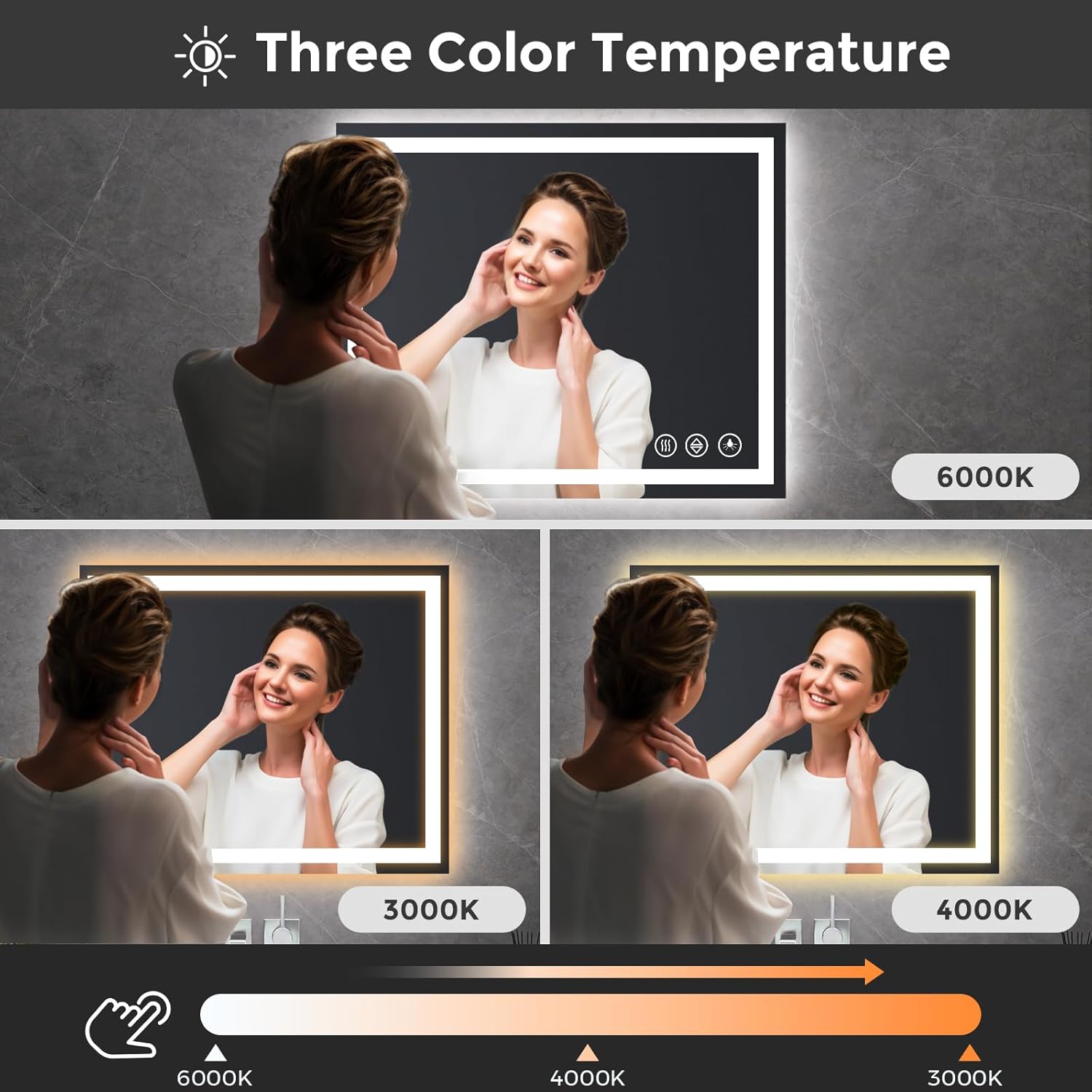 Koonmi - Espejo de baño LED de 30 x 36 pulgadas, retroiluminación + iluminación frontal, espejo de baño LED con luces para pared, 3 colores, antiempañamiento, brillo regulable, función de memoria