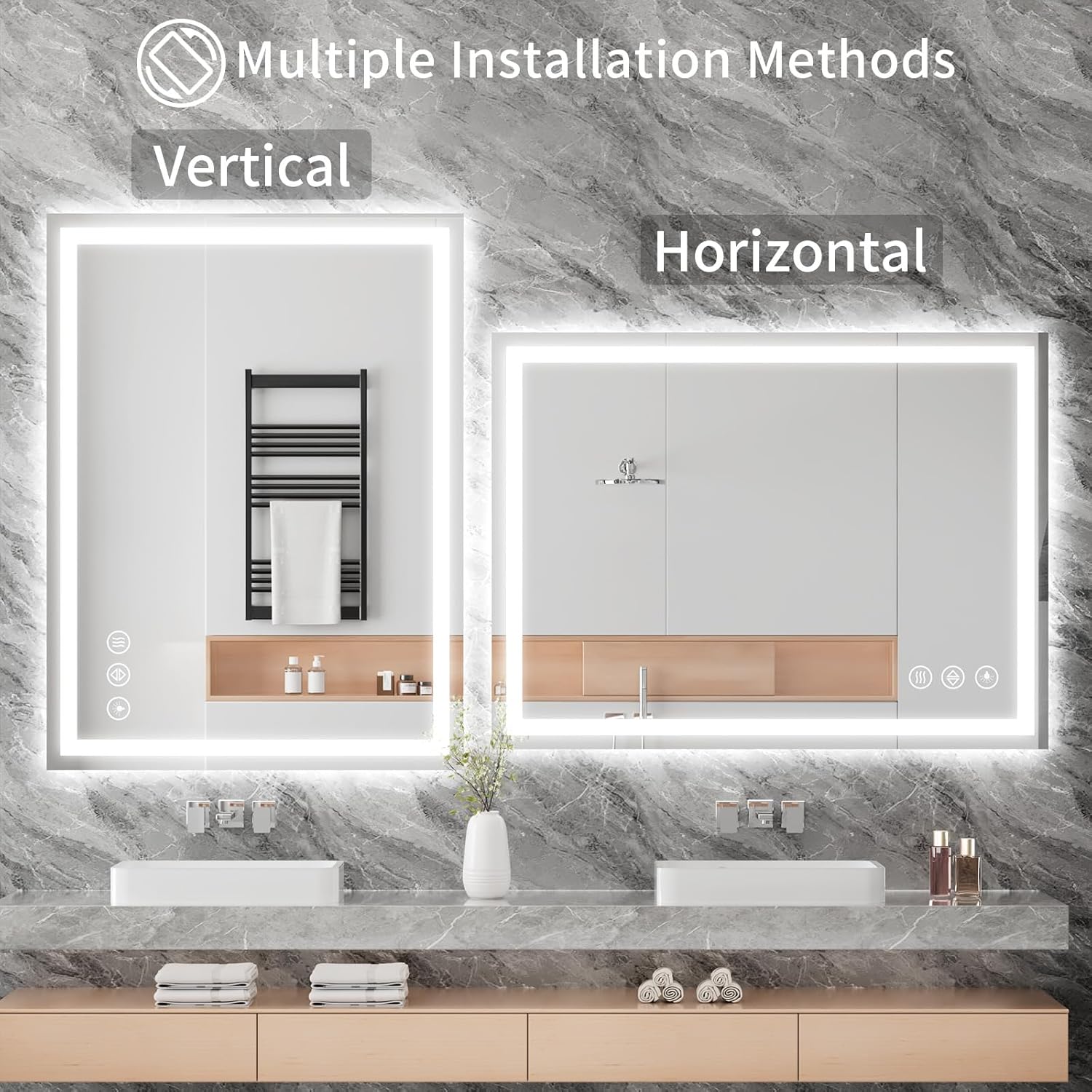Koonmi - Espejo de baño LED de 30 x 36 pulgadas, retroiluminación + iluminación frontal, espejo de baño LED con luces para pared, 3 colores, antiempañamiento, brillo regulable, función de memoria