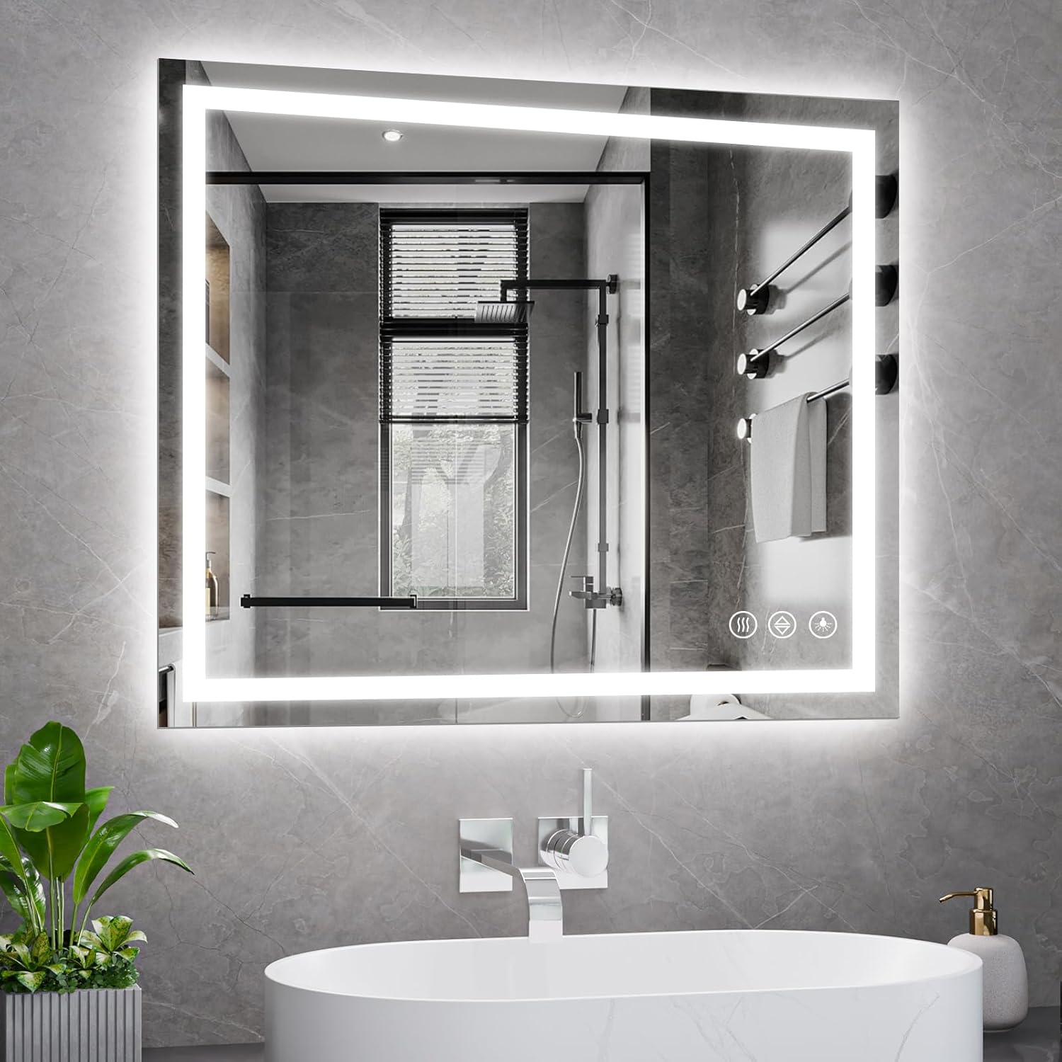 Koonmi - Espejo de baño LED de 30 x 36 pulgadas, retroiluminación + iluminación frontal, espejo de baño LED con luces para pared, 3 colores, antiempañamiento, brillo regulable, función de memoria
