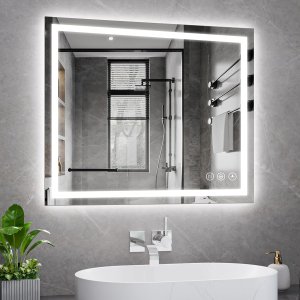 Koonmi - Espejo de baño LED de 30 x 36 pulgadas, retroiluminación + iluminación frontal, espejo de baño LED con luces para pared, 3 colores, antiempañamiento, brillo regulable, función de memoria