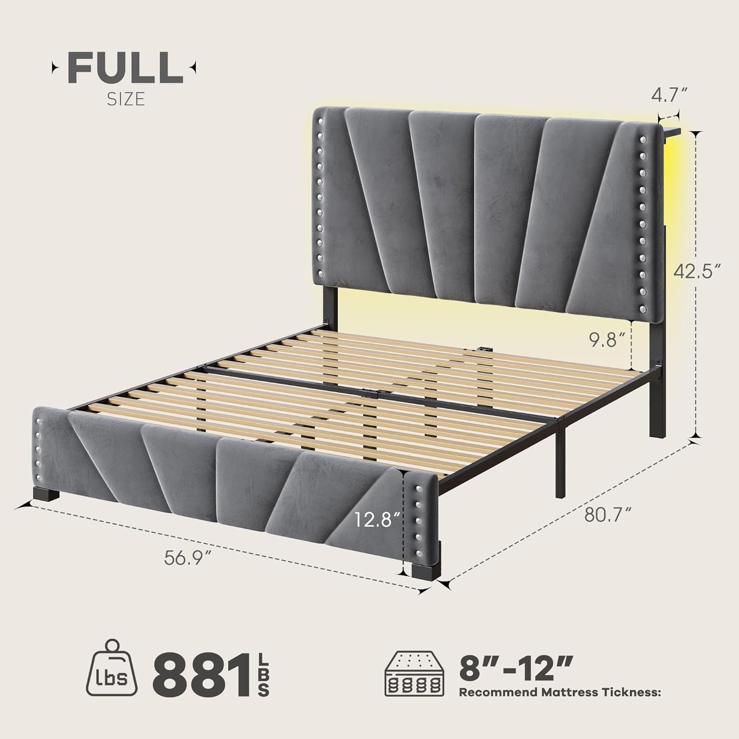 Cama Camera, marco de cama de terciopelo con cabecero y luz LED, marco de cama de plataforma para dormitorio, apartamento, dormitorio estudiantil, sin ruido, fácil montaje