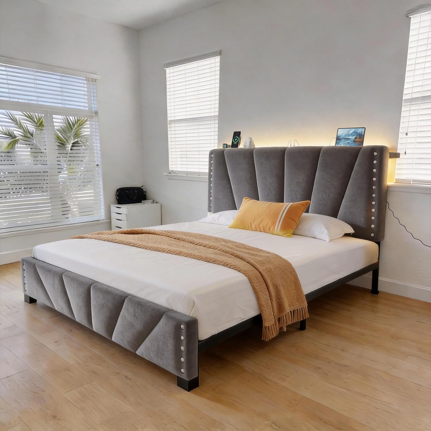 Cama Camera, marco de cama de terciopelo con cabecero y luz LED, marco de cama de plataforma para dormitorio, apartamento, dormitorio estudiantil, sin ruido, fácil montaje