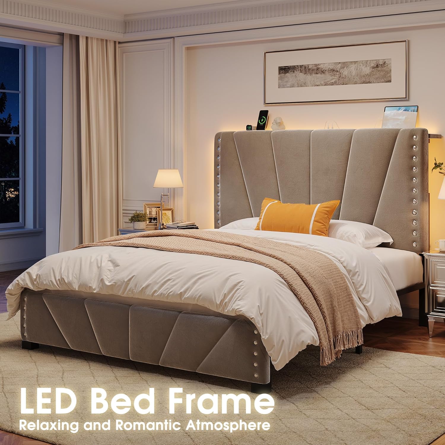 Cama Camera, marco de cama de terciopelo con cabecero y luz LED, marco de cama de plataforma para dormitorio, apartamento, dormitorio estudiantil, sin ruido, fácil montaje
