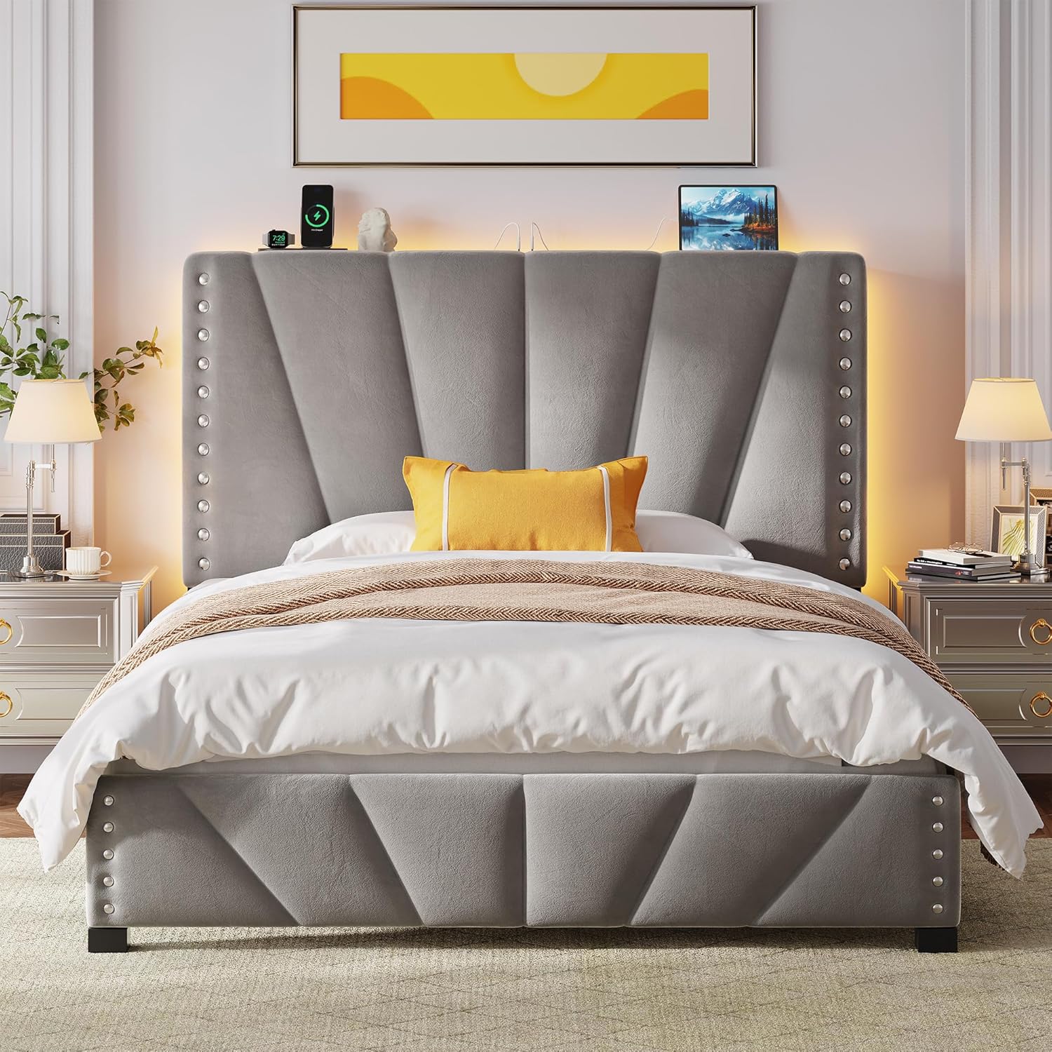 Cama Camera, marco de cama de terciopelo con cabecero y luz LED, marco de cama de plataforma para dormitorio, apartamento, dormitorio estudiantil, sin ruido, fácil montaje