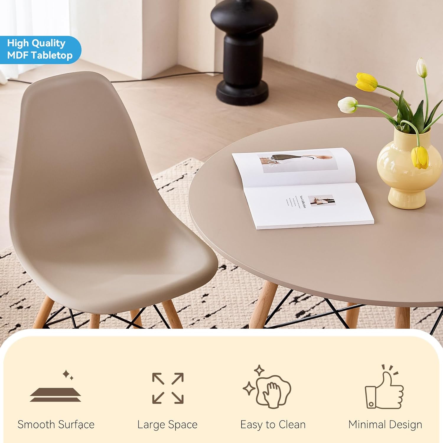Juego de mesa de comedor redonda de 5 piezas, juego de mesa pequeña de 80 cm de cocina con 4 sillas que ahorran espacio, asientos de plástico, patas de madera maciza, para sala de estar