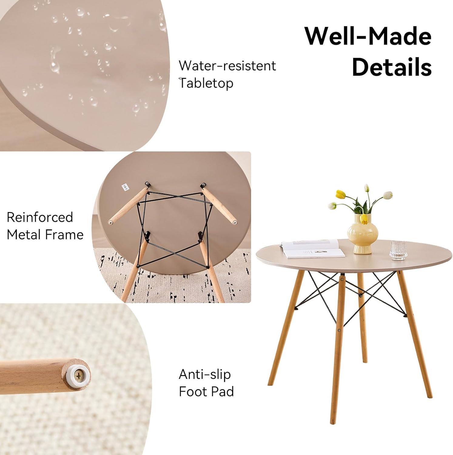 Juego de mesa de comedor redonda de 5 piezas, juego de mesa pequeña de 80 cm de cocina con 4 sillas que ahorran espacio, asientos de plástico, patas de madera maciza, para sala de estar