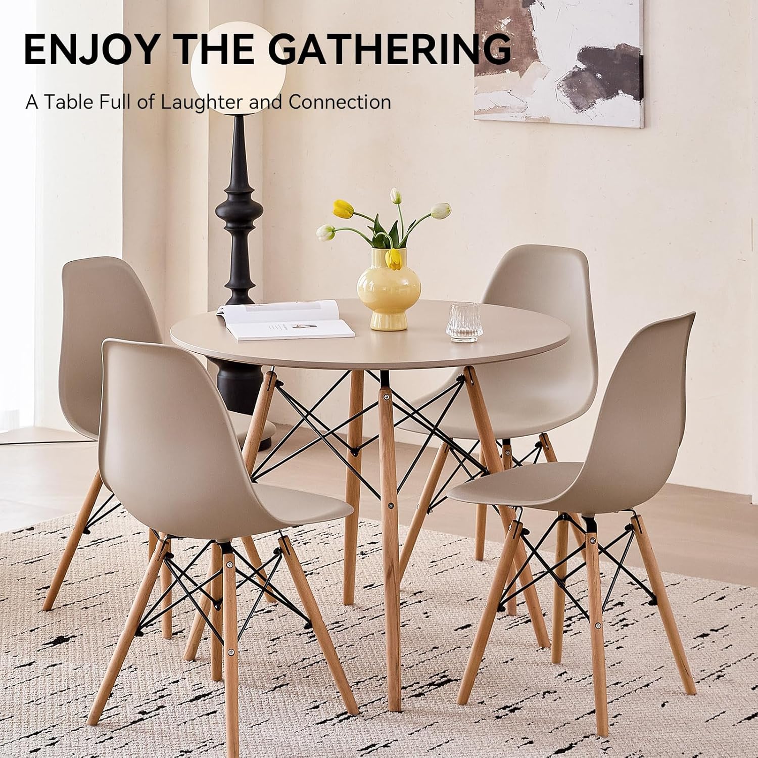 Juego de mesa de comedor redonda de 5 piezas, juego de mesa pequeña de 80 cm de cocina con 4 sillas que ahorran espacio, asientos de plástico, patas de madera maciza, para sala de estar