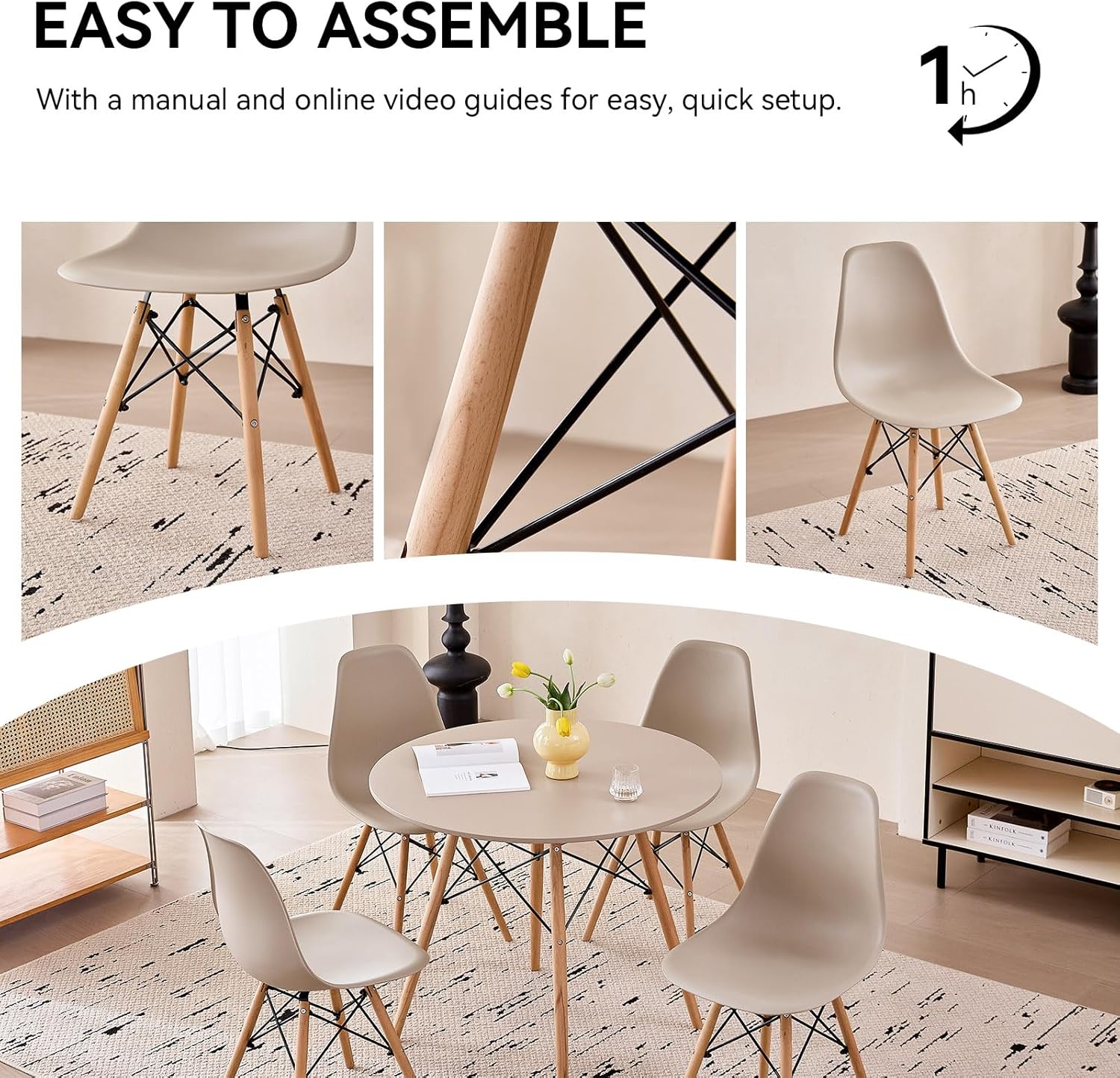 Juego de mesa de comedor redonda de 5 piezas, juego de mesa pequeña de 80 cm de cocina con 4 sillas que ahorran espacio, asientos de plástico, patas de madera maciza, para sala de estar